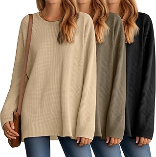 Paquete de 3 camisas de manga larga de punto gofre para mujer, camisetas de algodón con hombros caídos, cuello redondo, camisetas casuales de otoño