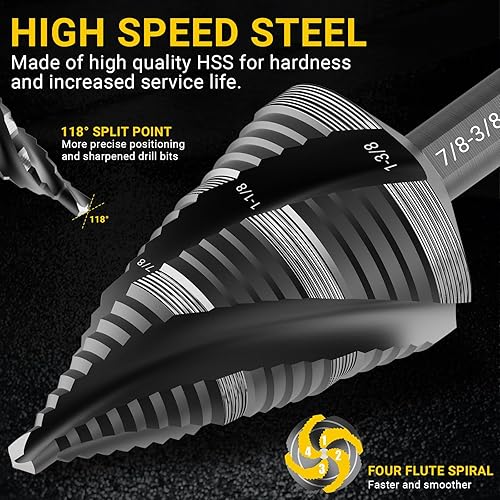 Miniatura 6 de Juego de 4 brocas en espiral con paso de flauta, 5 brocas HSS Unibit de 18"-1-38", brocas escalonadas de vástago de 14" y 38" para metal, aluminio,