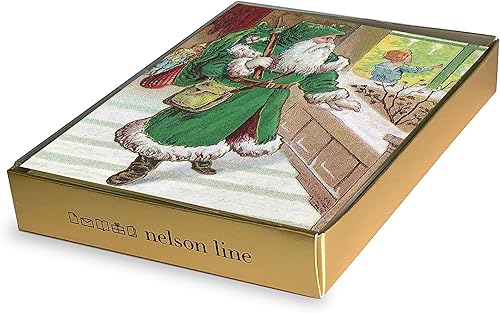 Miniatura 2 de Estilo vintage, caja de tarjetas de Navidad de Papá Noel en bata verde, 12 tarjetas/12 sobres