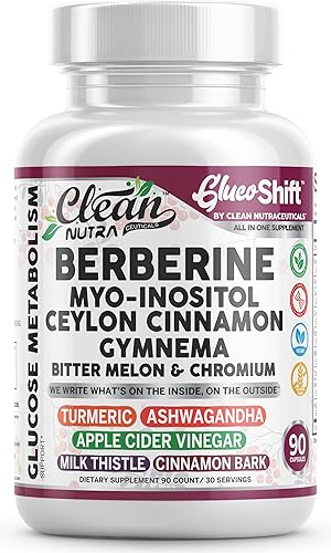 Clean Nutra GlucoShift Berberina con mio-inositol, canela de Ceilán, gimnasio, melón amargo y cromo  Complejo de hierbas y minerales premium  90