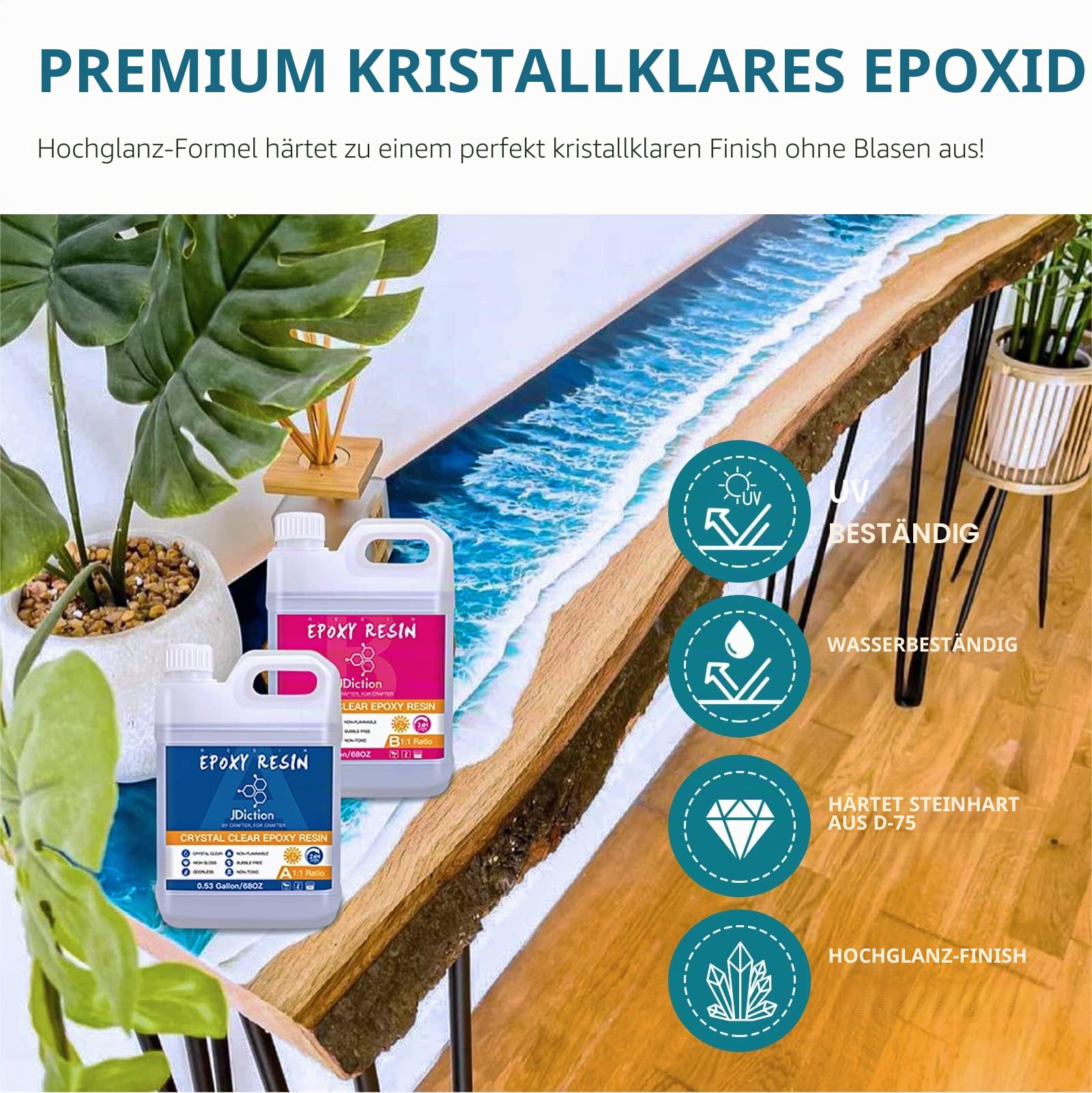 JDiction Epoxidharz Set 4.5L - Glasklar Gießharz Set Ungiftiges Epoxi Harz mit Härter mit Stöcke 1: 1 Verhältnis für Holz Schmuckherstellung Handwerk Kunst Heimwerken, Lebensmittelsicheres