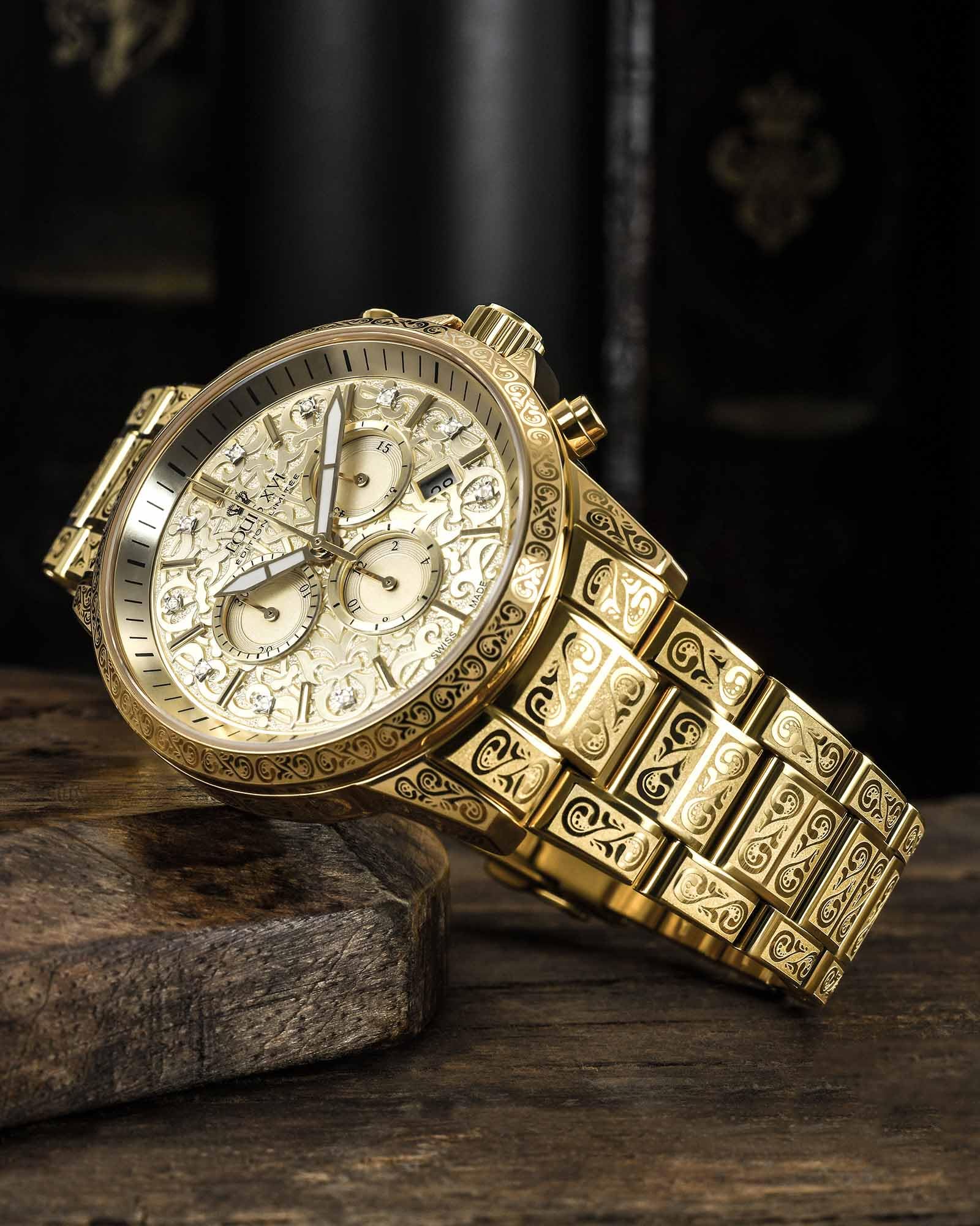 LOUIS XVI Palais Royale 2.0 1801 - Ø 43 mm - Herren Uhr - Wasserdicht - Uhr Vergoldet - Armband Gold - Zifferblatt Gold mit Diamanten - Schweizer Quarzwerk