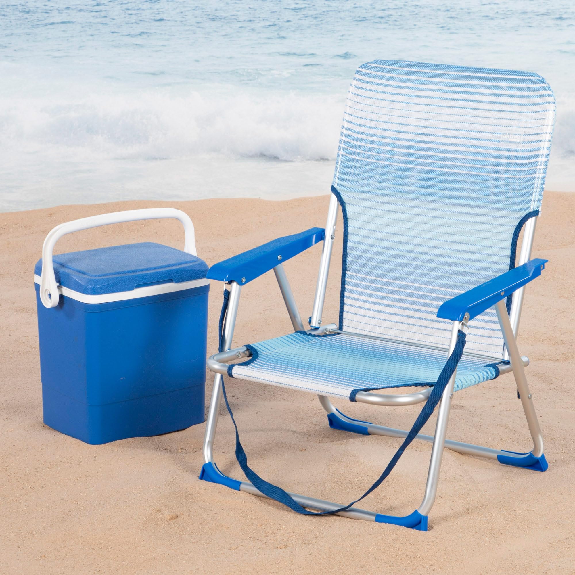 AKTIVE Confezione da 2 sedie da spiaggia pieghevoli, 44 x 35 x 72 cm, blu a righe, altezza seduta 23 cm, struttura in alluminio, tessuto textilene, fermi antiribaltamento, manico a spalla, supporta