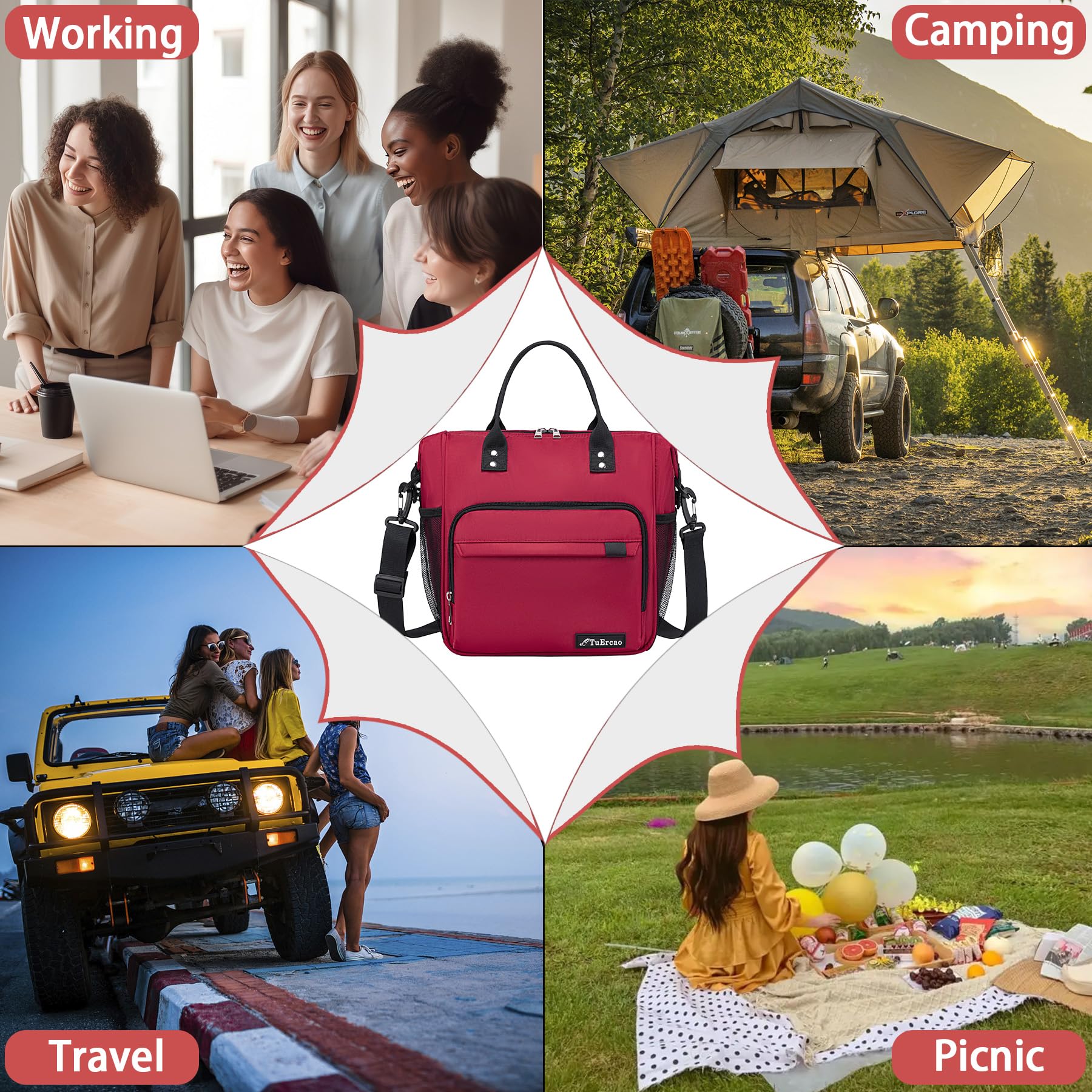 TuErCao Borsa per il pranzo rossa da donna, per lavoro, grande, isolata, per adulti, a prova di perdite, con tracolla rimovibile