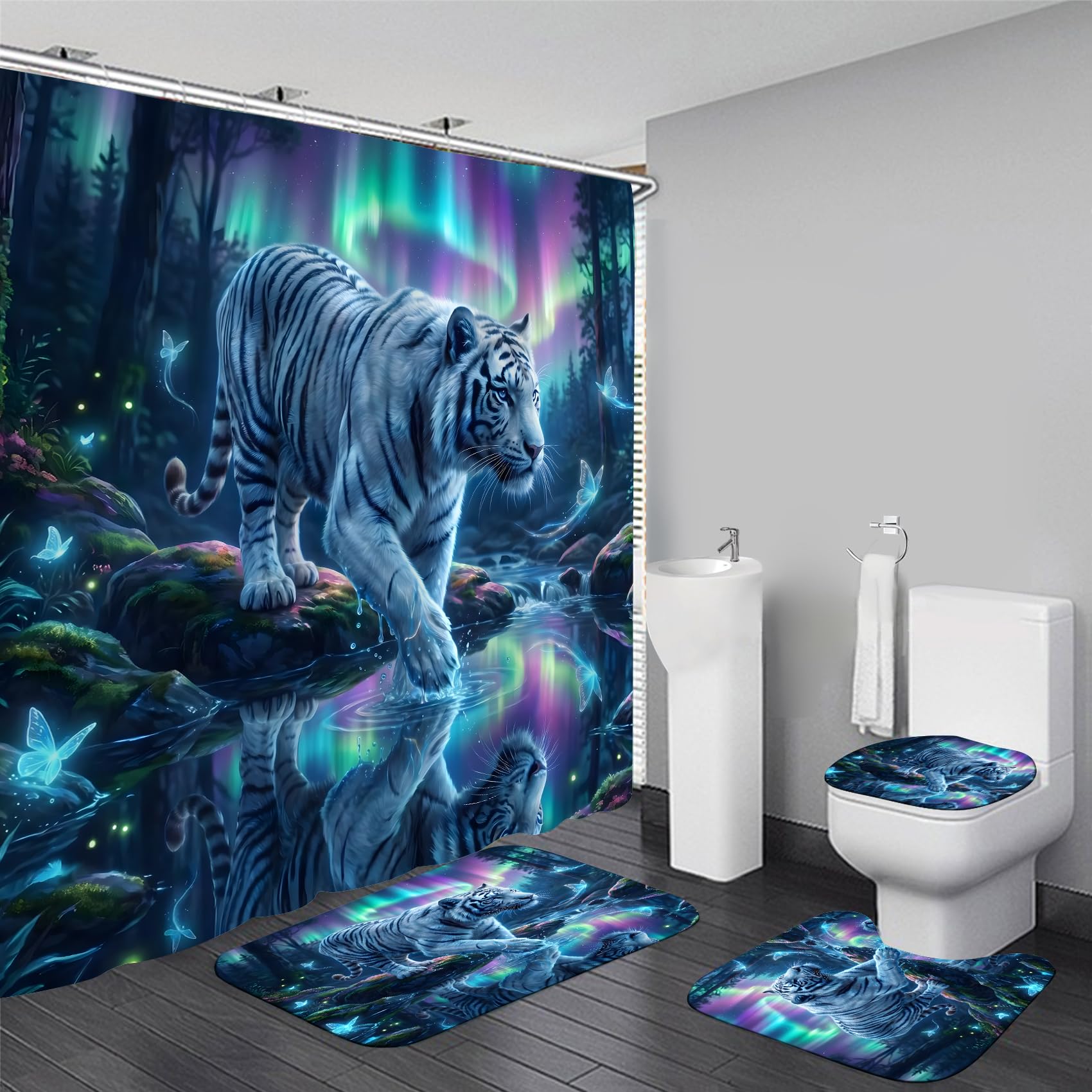 4 Piece White Tiger Shower Curtain Set with Rugs, Fantasy Aurora Borealis Bathroom Decor