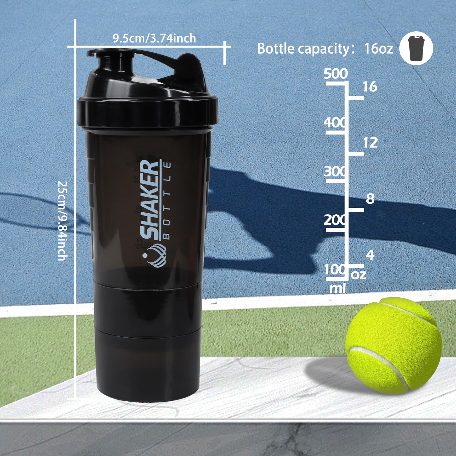 Botella mezcladora, botellas mezcladoras de proteínas de 16 onzas con bola mezcladora, taza 3 en 1 a prueba de fugas para gimnasio con almacenamiento de polvo y bandeja de píldoras, ideal para