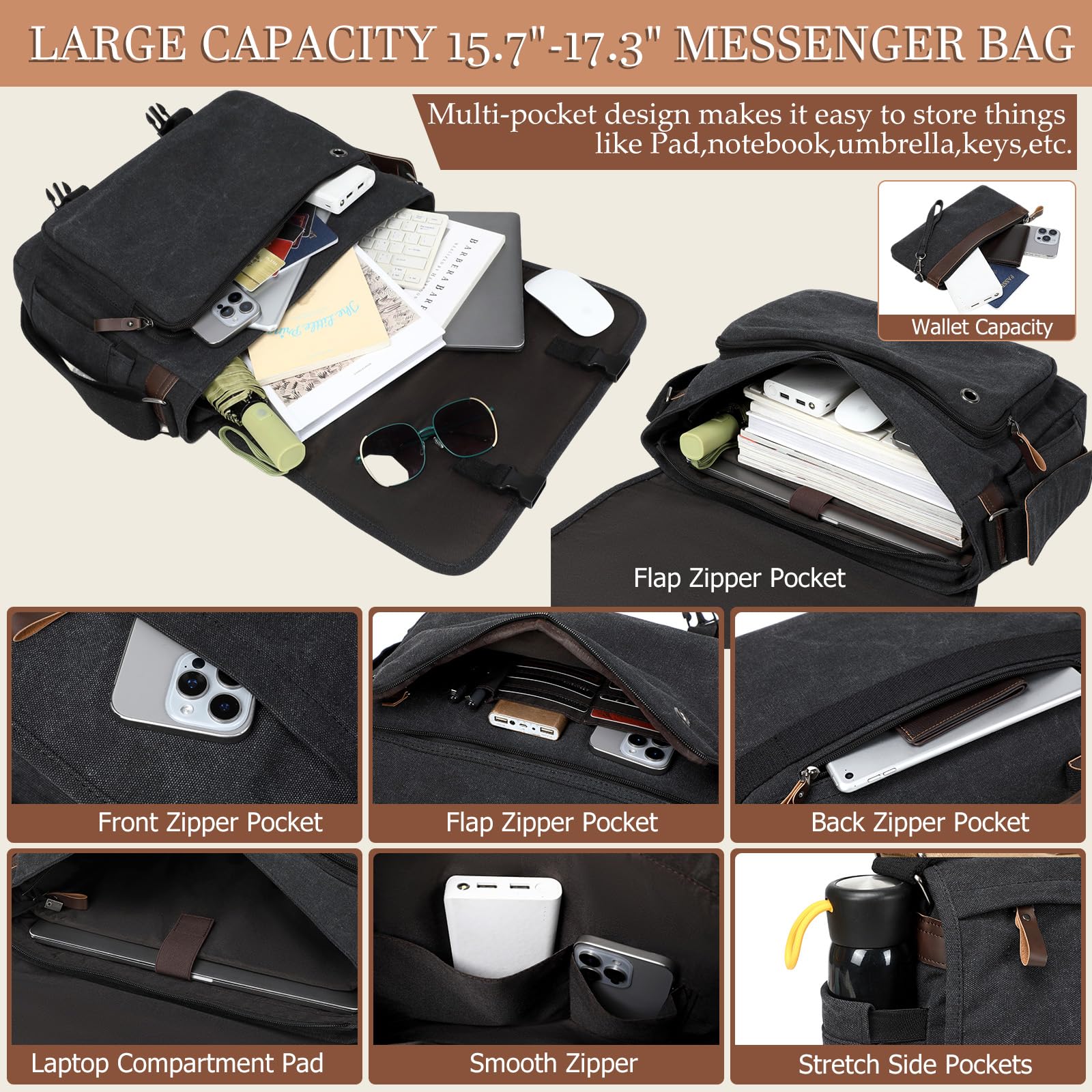 Kuriertasche für Herren, 39,5 - 43,9 cm (15,7 - 17,3 Zoll): 2 Stück Laptoptasche, Arbeitstasche, Leder, Leinen, Aktentasche, Handgepäcktasche