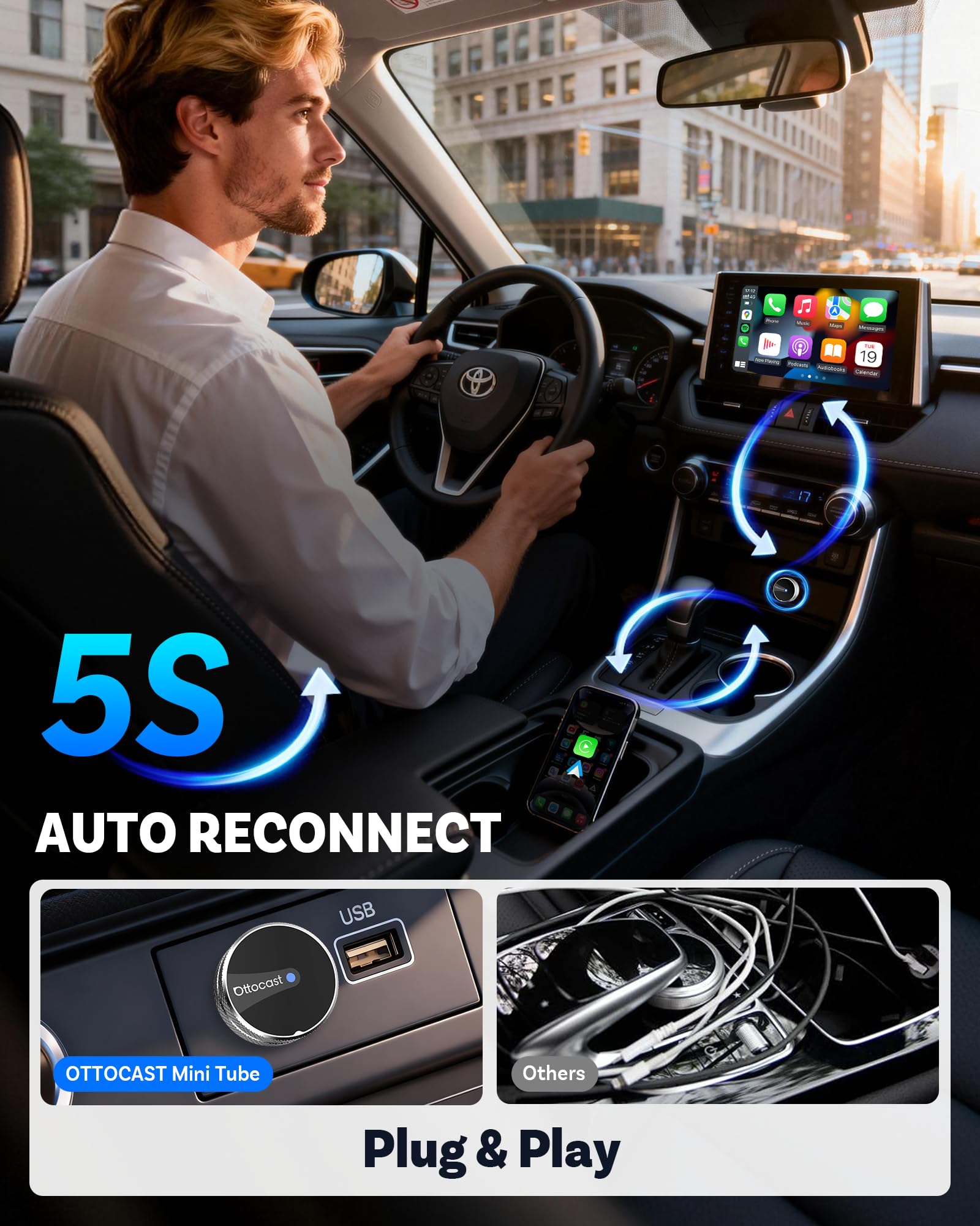 OTTOCAST Mini Tube 2026, bezprzewodowy adapter samochodowy CarPlay i Android do iOS 10+/Android 11+, połączenie 5-8s, USB-A/Type-C, aktualizacja OTA, kompatybilny z 99% pojazdami od 2016 r. (nie