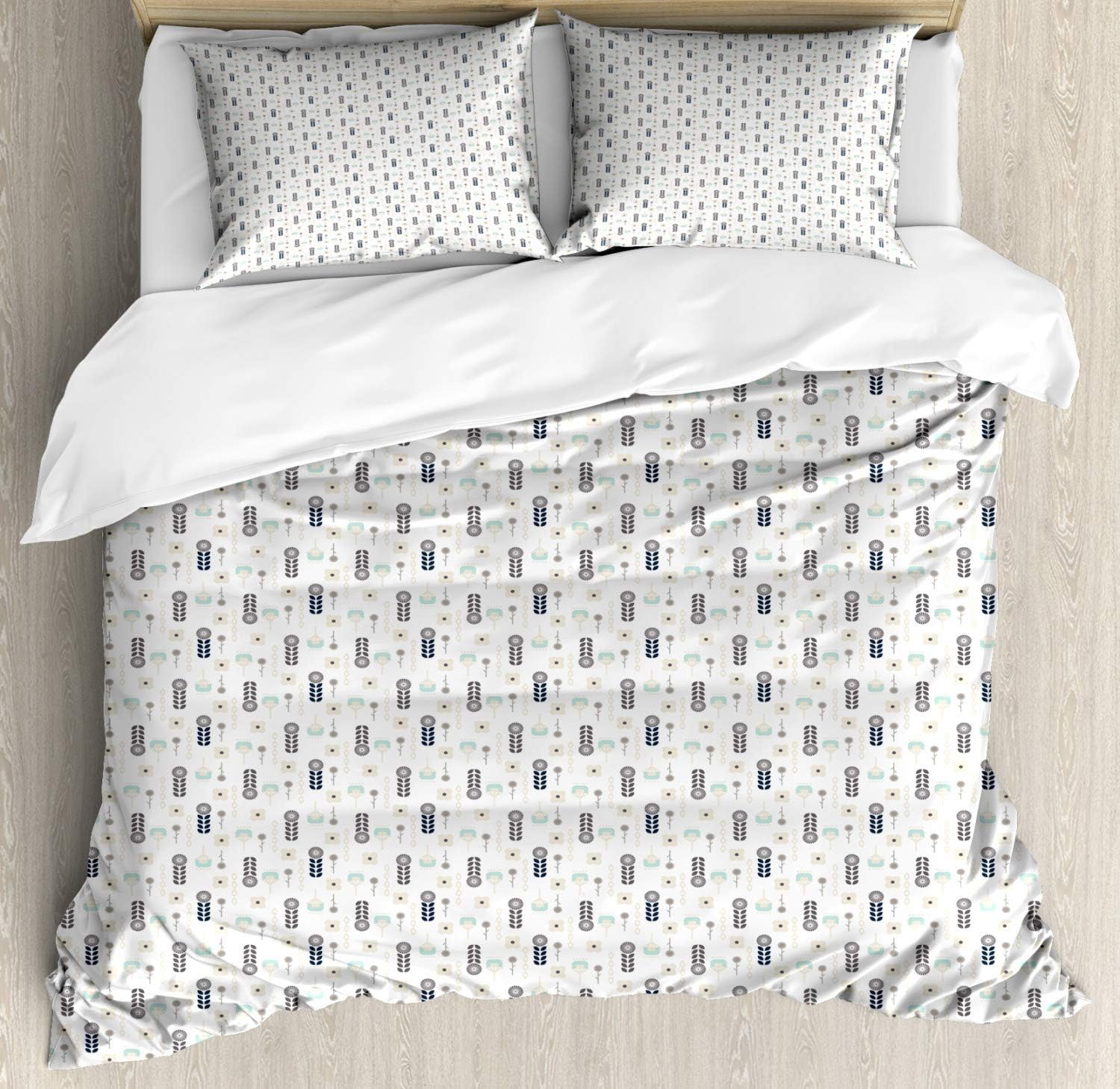 Ambesonne Norwegian Duvet Cover Set, Repetitive Pastel Style Floral Garden Art Creative Modern Illustration Print, Decorative 3 Piece Bedding Set with 2 Pillow Shams, Queen Size, Mint Green Grey