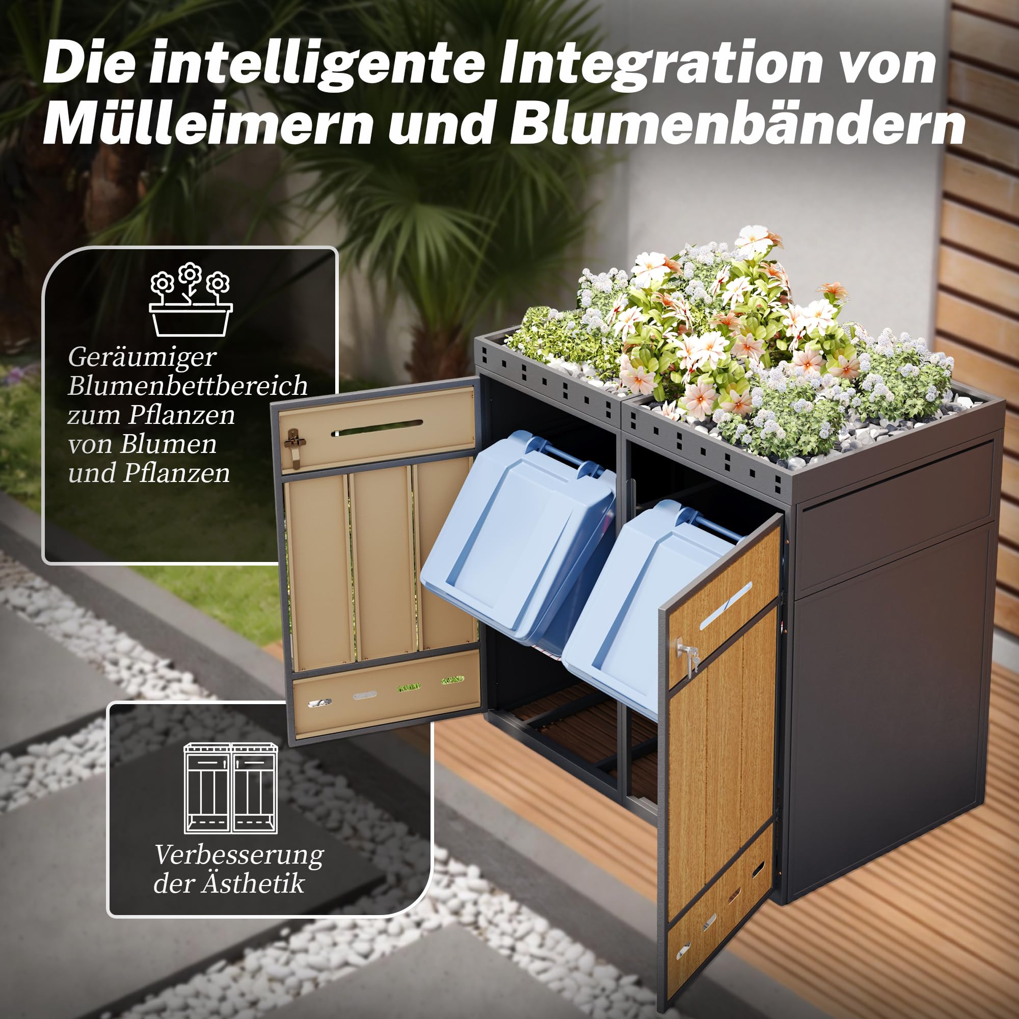 Mülltonnenbox 4er mit Pflanzdach und Türfüllung in Holzoptik 120-240 L, Mülltonnenboxen Mülltonnenverkleidung ist EIN Griff mit Schlüssel Angebracht, Gartenmöbel Müllcontainer, Grau+Holzfarbe