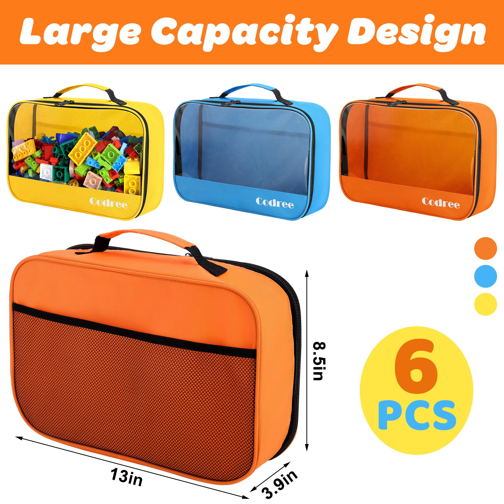 codree Confezione da 6 sacchetti grandi per giocattoli, 33 x 21 x 9,9 cm, in tessuto Oxford, visibili, con cerniera, impermeabili, da viaggio, organizer per giocattoli da costruzione, piccoli