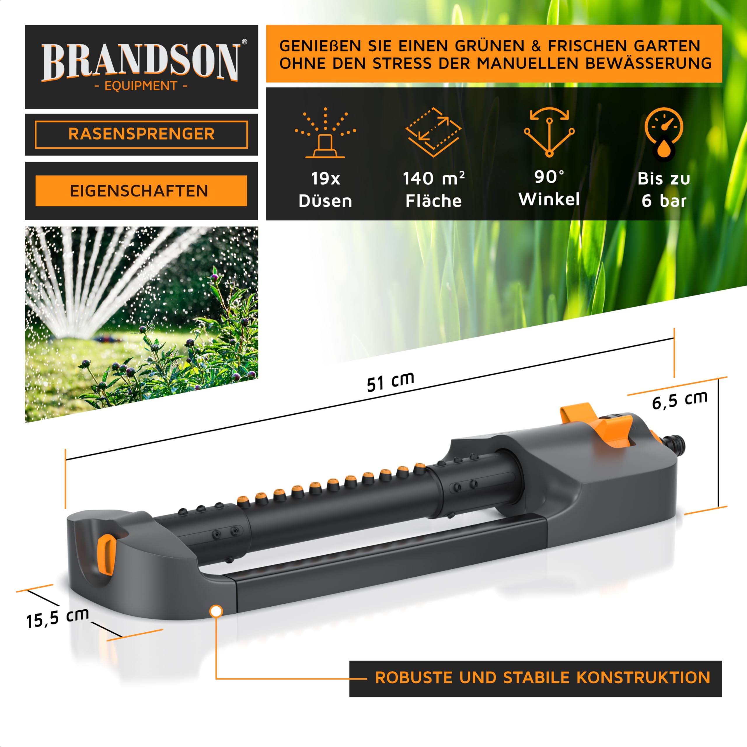 Brandson - Rasensprenger Viereckregner 3/4 Zoll flexibel – 19 Düsen (8 separat einstellbar) – für große Flächen – integrierter Metallfilter - Oszillation 20° bis 140° – Garten Rasensprinkler