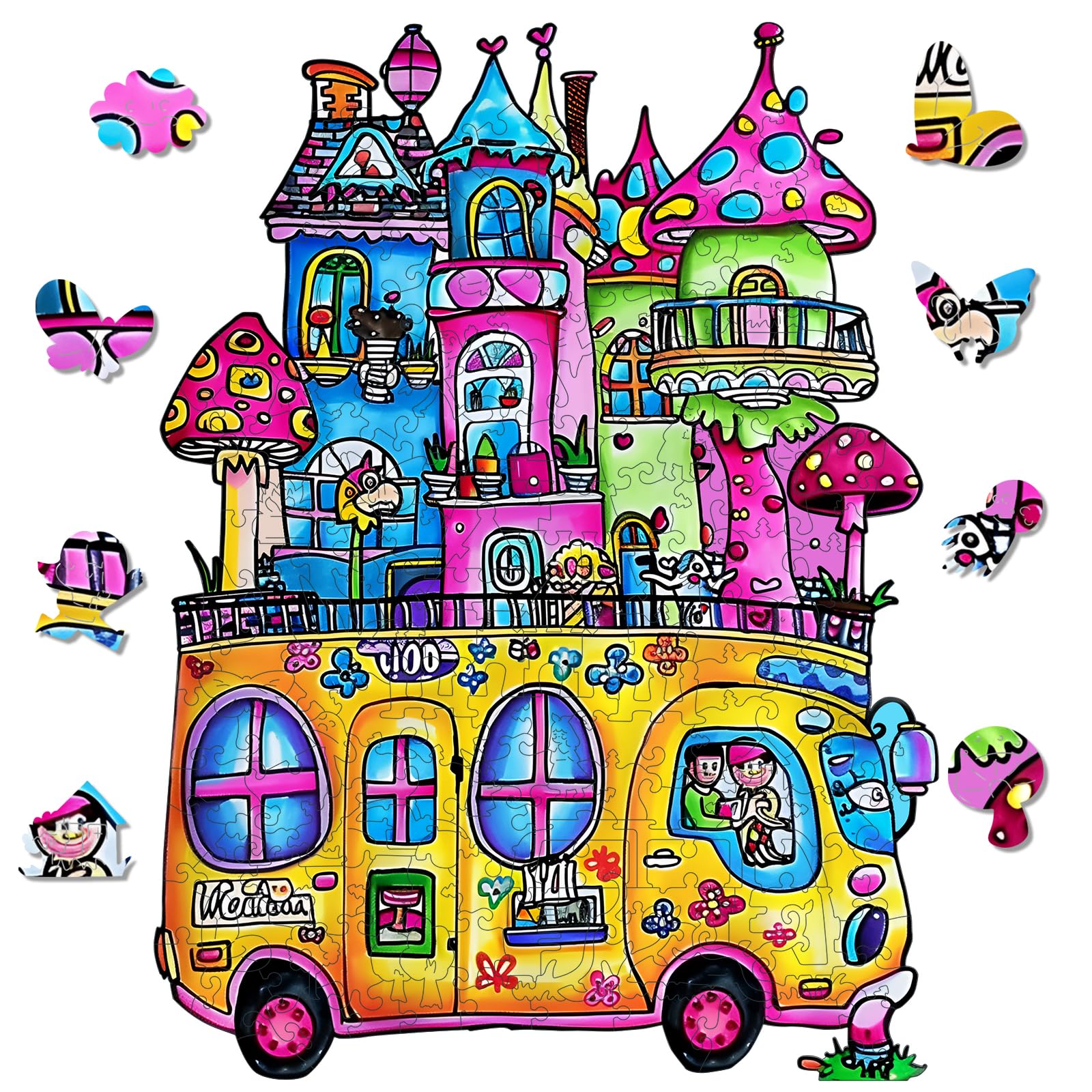 delobil Casse-tête en bois pour adultes, puzzle de voiture de 500 pièces, forme unique de bus scolaire pour adultes et enfants, casse-tête amusant pour la maison, cadeau de famille, 58,1 x 33,2 cm