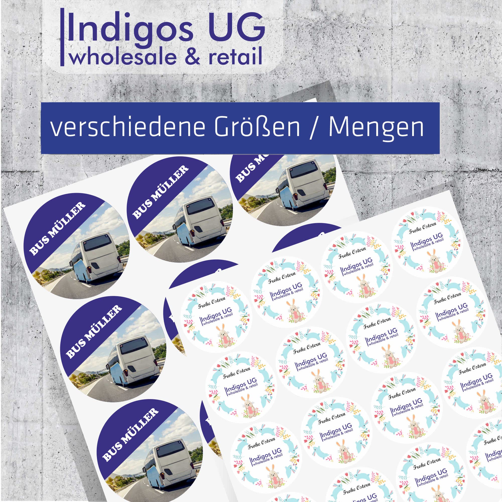 INDIGOS UG - Aufkleber - rund 140 mm - 50 Stück - Firmenaufkleber - Bild - Logo - individuell personalisiert - für Büro, Hotel, Firma - selber gestalten - gedruckt