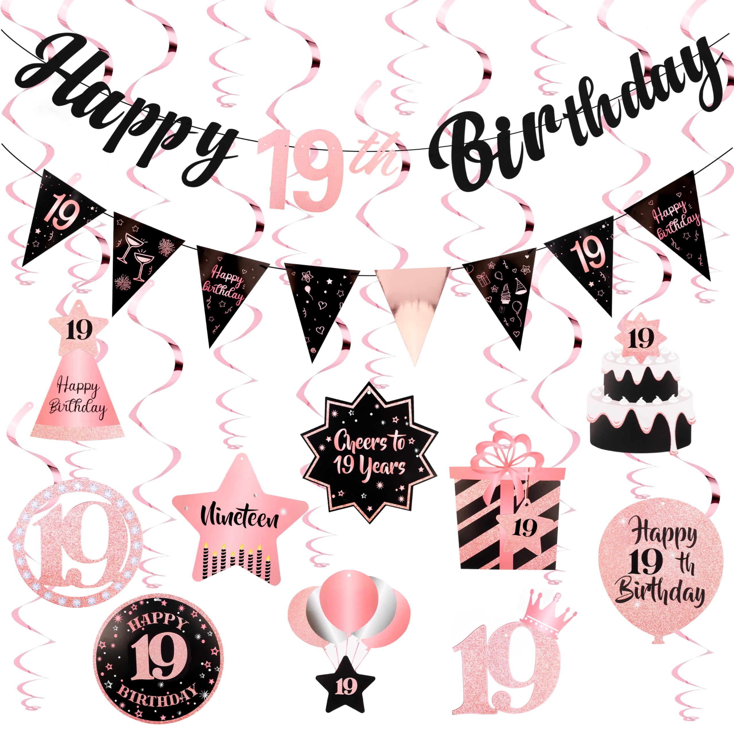 19th Birthday Decorations Rose Gold Pink Pre Strung Happy 19th Birthday Banner and Hanging Swirls for Girls 19 Year Old Party Decorations Supplies