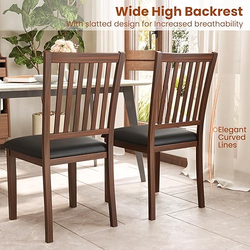 Miniatura 6 de Giantex Juego de 4 sillas de comedor de madera, sillas de cocina tapizadas con respaldo de listones, piel de PVC resistente al desgaste, patas de