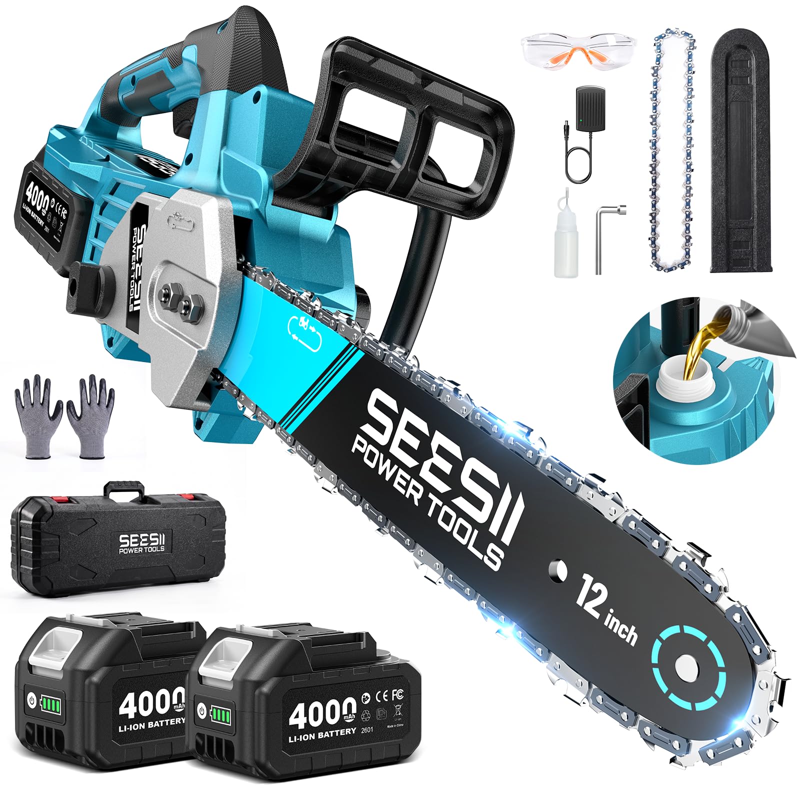【2026 年新モデル】SEESII 12 インチ 充電式チェーンソー 切断径 350mm ブラシレスモーター 大容量バッテリー 2 個付き