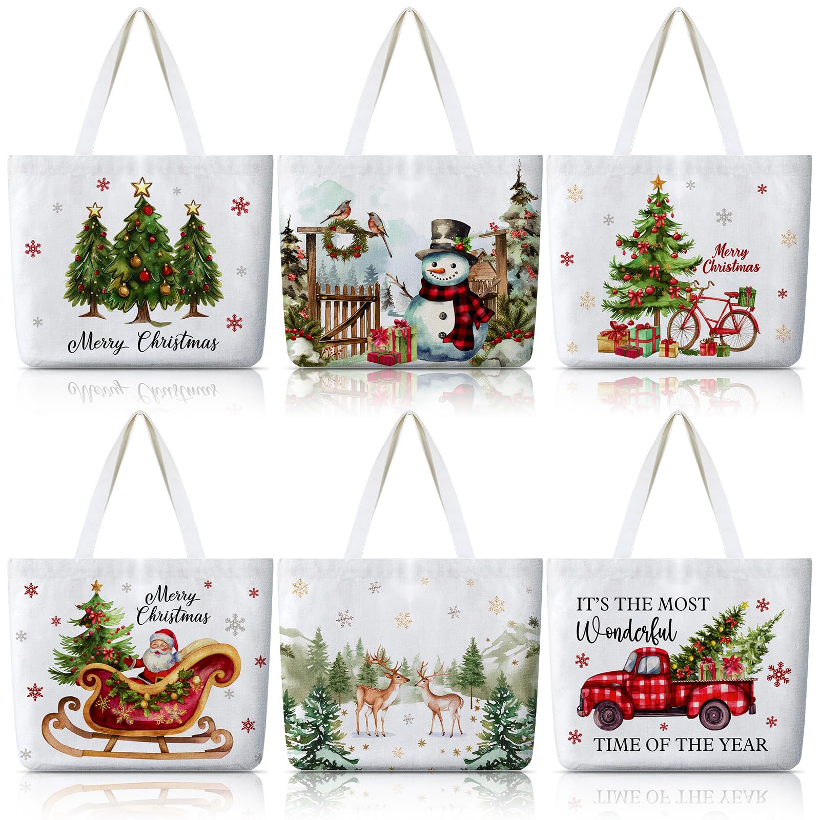 Bencailor 6 Pcs Christmas Canvas Tote Bags Reusable Merry Xmas Tree Aesthetic Grocery Shopping Gift Bags for Women Xmas Gifts (Classic,Colorful)