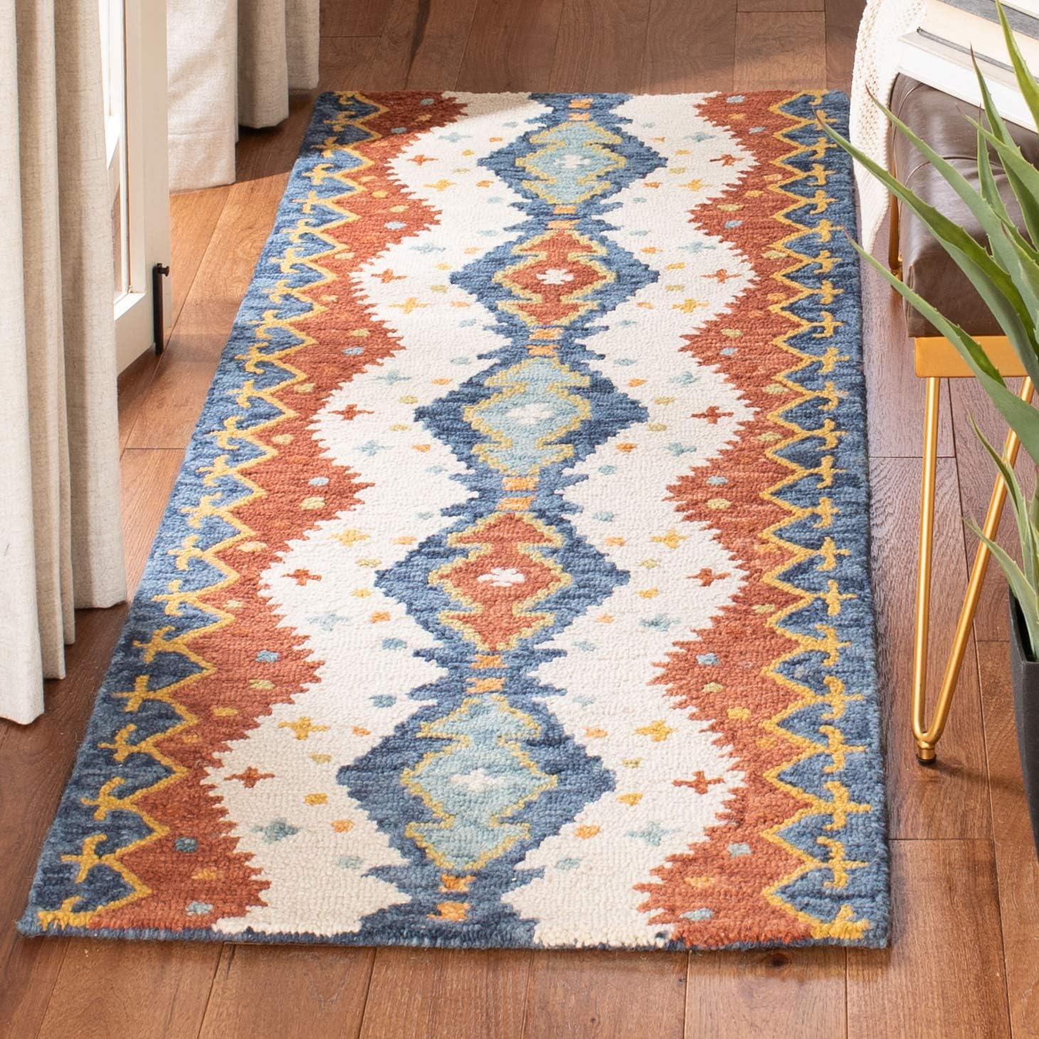 SAFAVIEH Aspen Collection Area Rug - 9' x 12', Ivory & Blue, Handmade Southwestern Tribal Boho Wool, Ideal for High Traffic Areas in Living Room, Bedroom (APN401A)