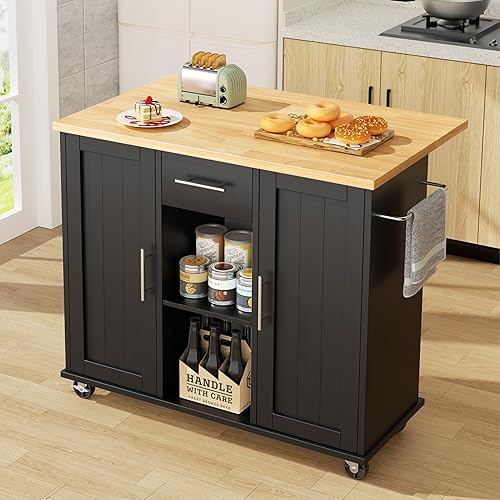 Miniatura 14 de JY QAQA Isla de cocina de 42 pulgadas con ruedas con armario de almacenamiento, armario de cocina con estantes, asa de carrito para toallero o