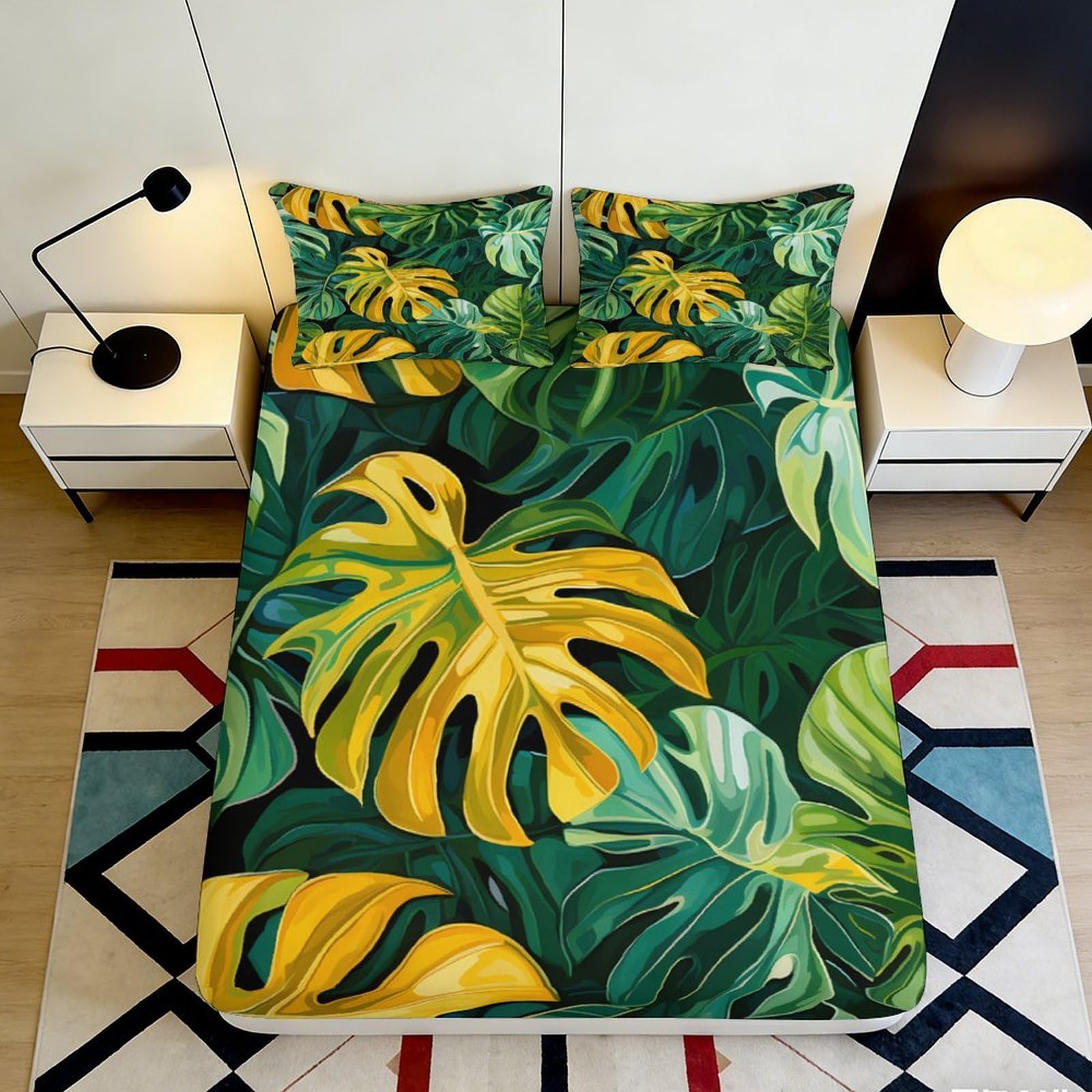 Dhbaneiok Style-8 3D Printed Tropical Leaf Fitted Sheet Microfiber Green Yellow Jungle Mattress Cover For Bedroom Guest Room Decor 90X200x25cm