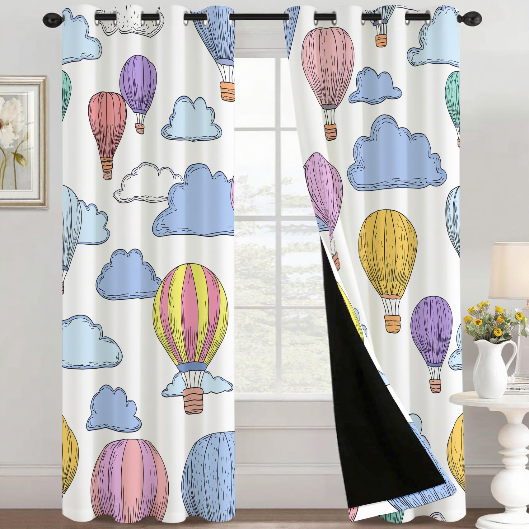 Générique Rideau Occultant Montgolfière, Rideaux Motif Enfant Nuage, Rideau Thermique Isolant à Oeillets, Rideaux Fenetre Imprimé pour Salon Chambre Décoration, Lot de 2, 140x240 cm SZ128