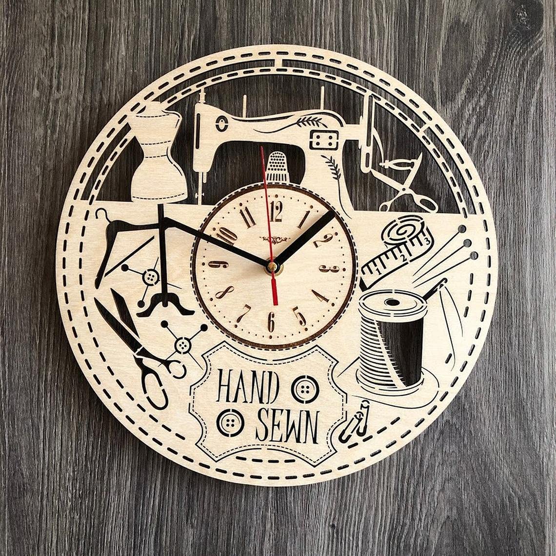 Sewing Wall Clock Wood Personalized Home Kitchen Decor Living Room Gifts Woman Unique Office Kitchen Wedding Christmas Birthday Sewing Clock - 12 Inch / 30 Cm-image-8