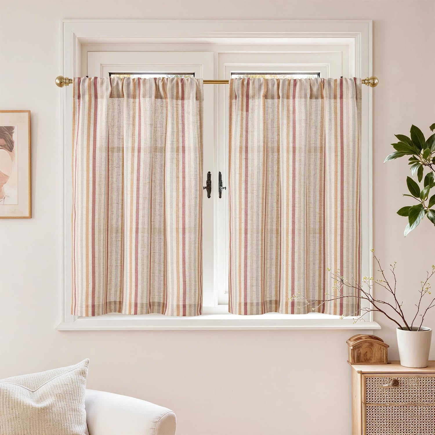 jinchan Colorful Striped Linen Kitchen Curtains 36 Inch Christmas Tier Curtains Farmhouse Modern Cafe Small Window Treatments Light Filtering Rod Pocket for Living Room Bathroom 2 Panels Multi Red 26"W x 36"L (Pack of 2) Rod Pocket Multi Red