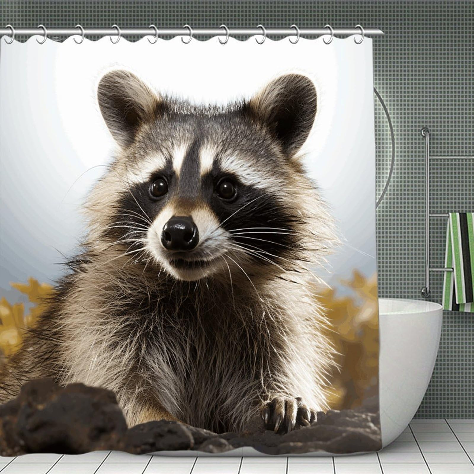 VstaDank Hairy Raccoon Shower Curtain Waterproof Bathroom Shower Curtain with C Type Hooks Soft Lightweight Shower Curtains Liner Washable Polyester Cloth Shower Liner 71x71 Inch