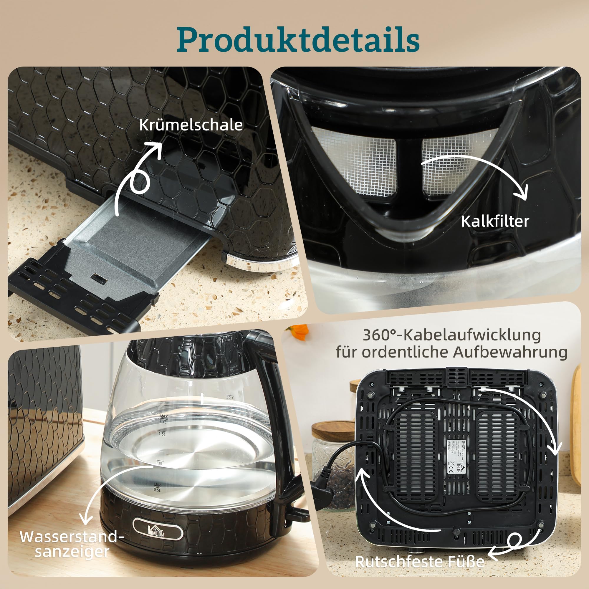 HOMCOM Wasserkocher Toaster Set, 1,7L 2200W, Glas, 4-Scheiben-Toaster, 7 Bräunungsstufen, Schwarz