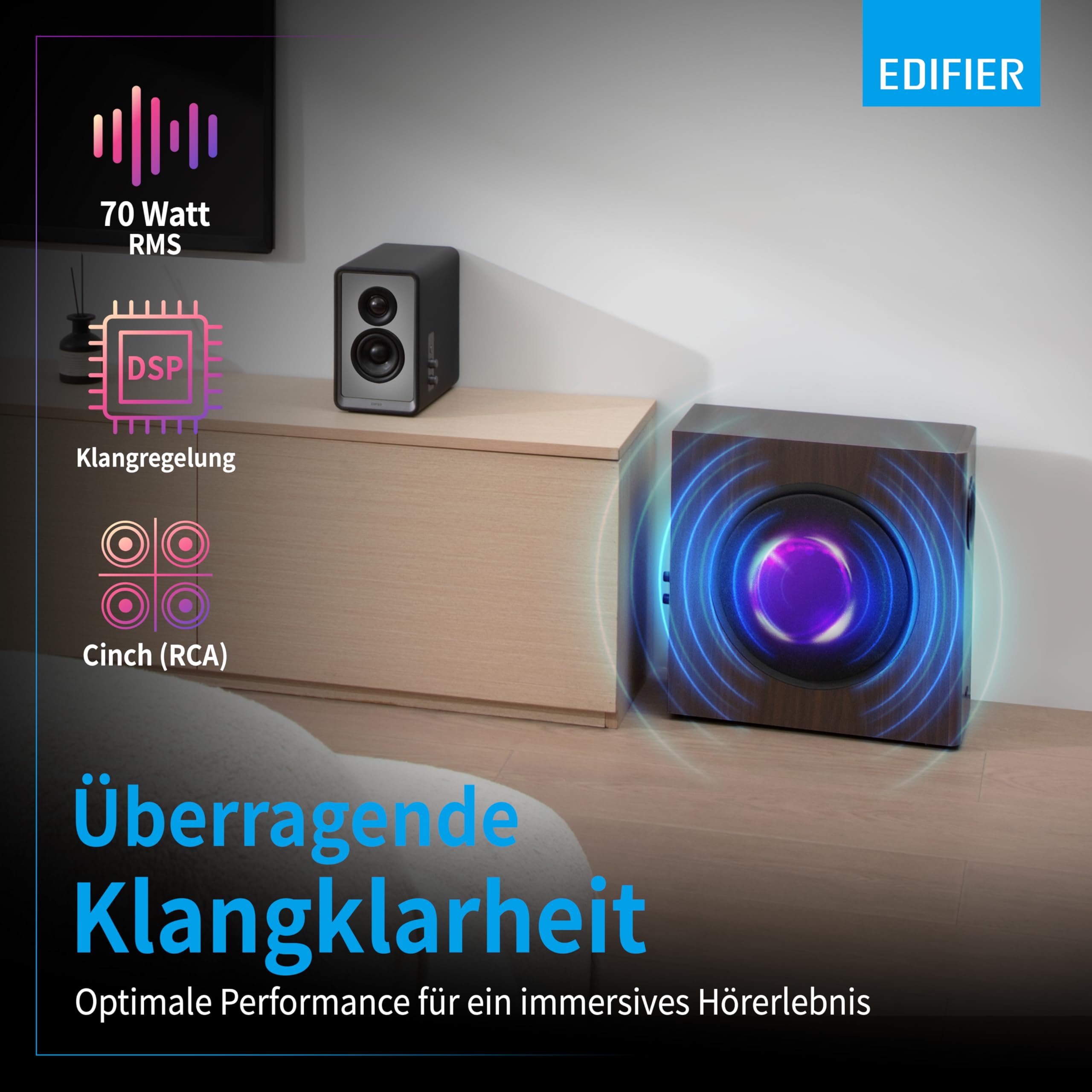 Edifier T5s AKTIV-SUBWOOFER – 8-Zoll-Tieftöner – 70 Watt – Low-Pass-Filter – Frequenz bis 35Hz – MDF-Gehäuse für reduzierte Resonanz – Standby – Cinch-Anschlüsse – Zeitloses Design