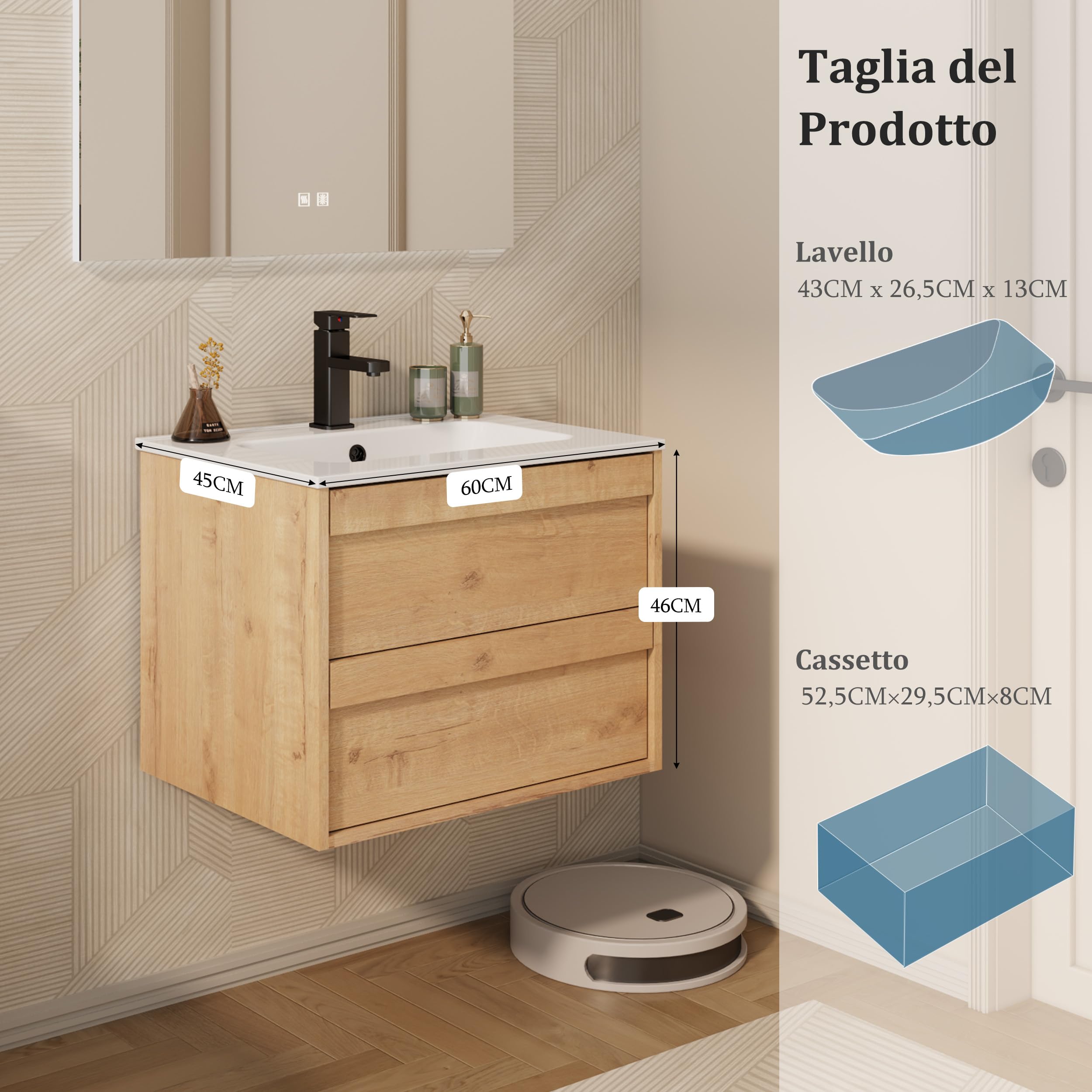 UEV Mobile Lavabo Sospeso da 60 cm, Mobile da Bagno con Lavabo in Ceramica, due Cassetti con Ampio Spazio per Riporre Oggetti, Cassetti con Sistema di Chiusura Ammortizzata, 60 x 45 x 46 cm, Naturale