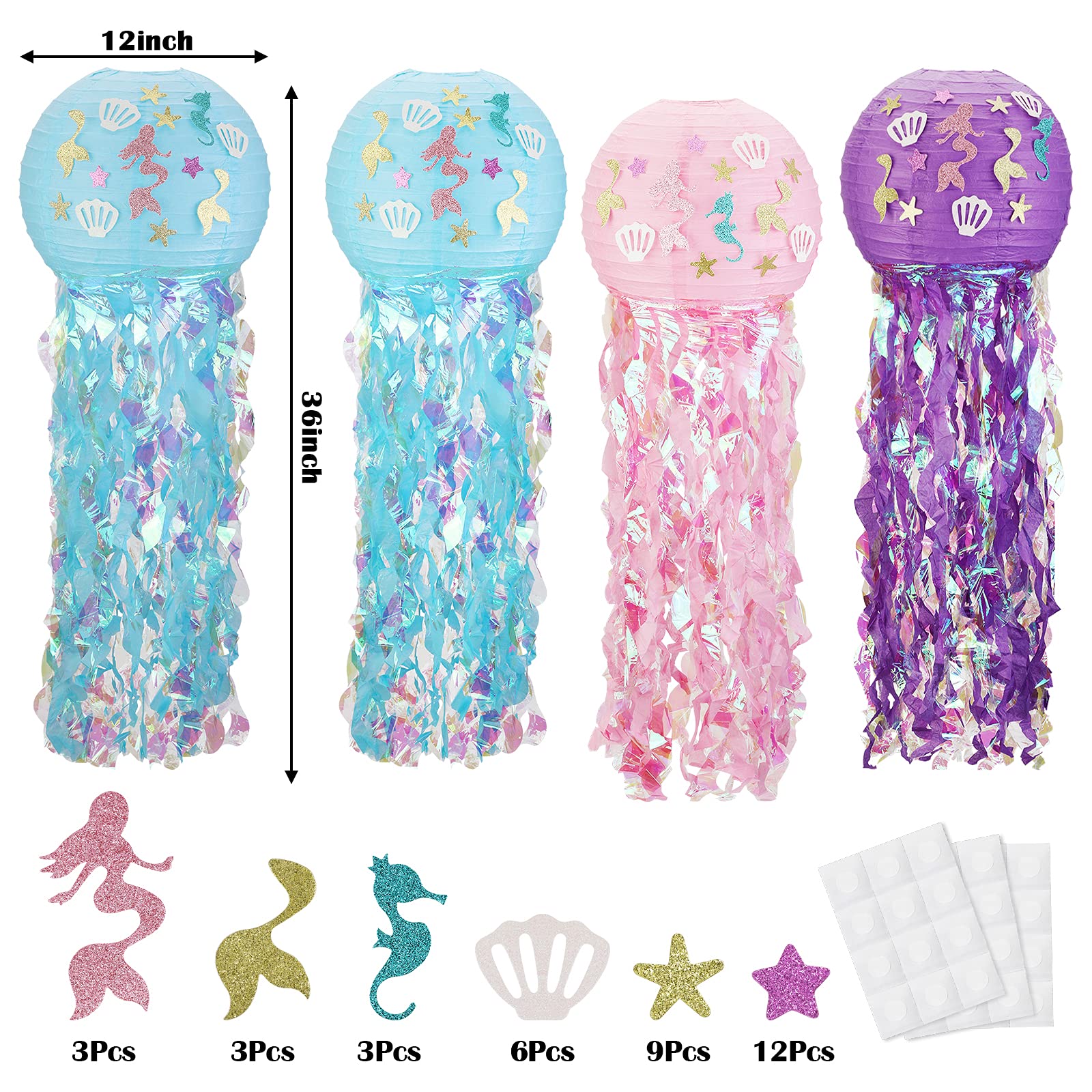 Mermaid Hanging Jellyfish Paper Lanterns, 3 Pack Mermaid Themed Glitter Hanging Jellyfish Paper Lanterns with Bright Strip Decoration and Mermaid Stickers for Girls Birthday, Bedroom, Party Decoration