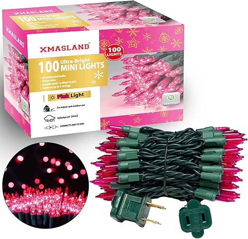 Miniatura 8 de XMASLAND Juego de luces de Navidad rosadas ultra brillantes conectables, 100 unidades, 19.6 pies, bombilla incandescente, mini tira de luces para