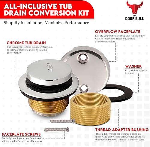 Miniatura 10 de Juego de adornos de bañera con placa frontal de desbordamiento de dos agujeros, kit de drenaje de bañera de repuesto, tapón de drenaje de latón con