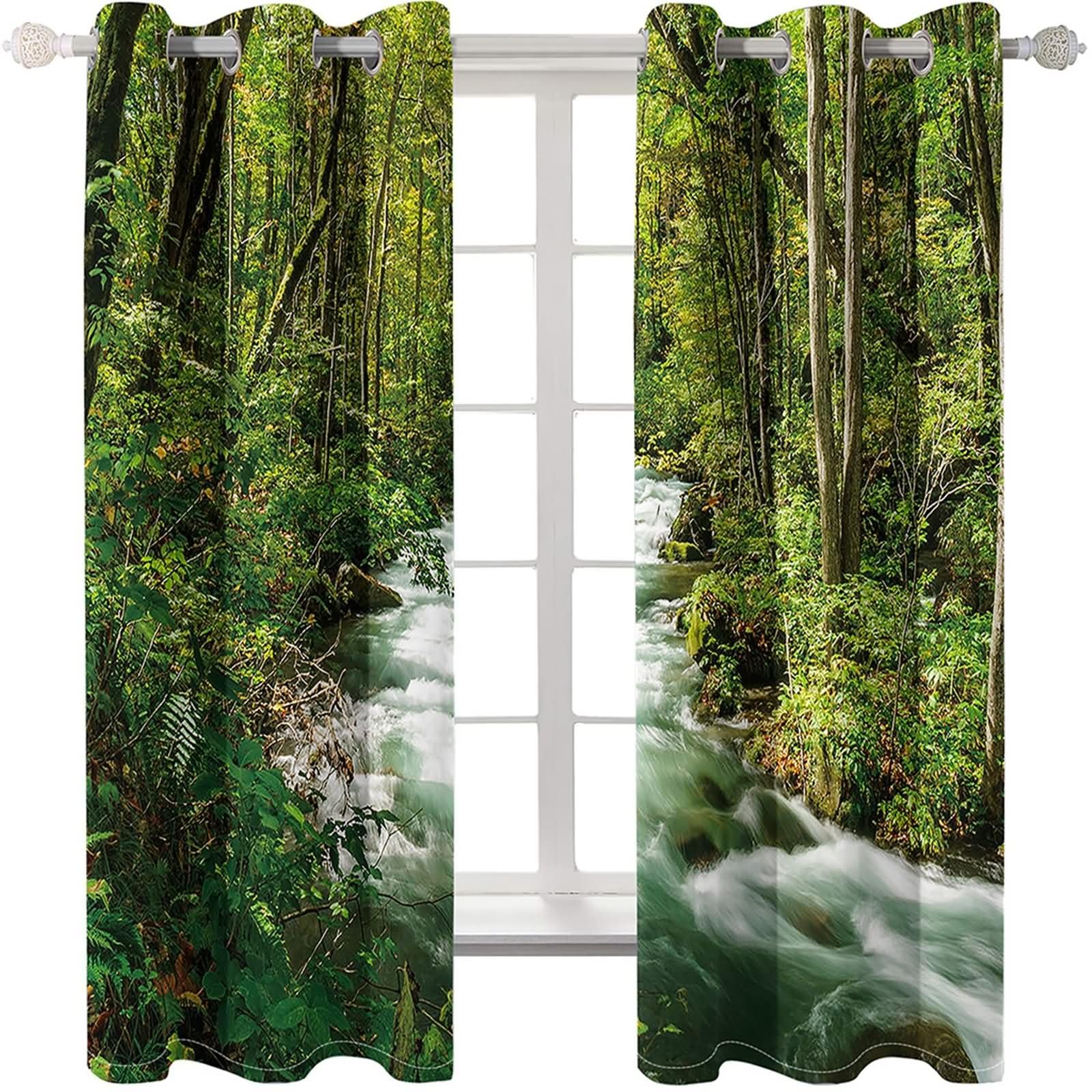 Homxi Kitchen Curtains Blackout 2 Panel Set,2 x 84W x 72H in,Window Drapes with Grommet Wood and Stream Landscape Green Kitchen Curtains Thermal