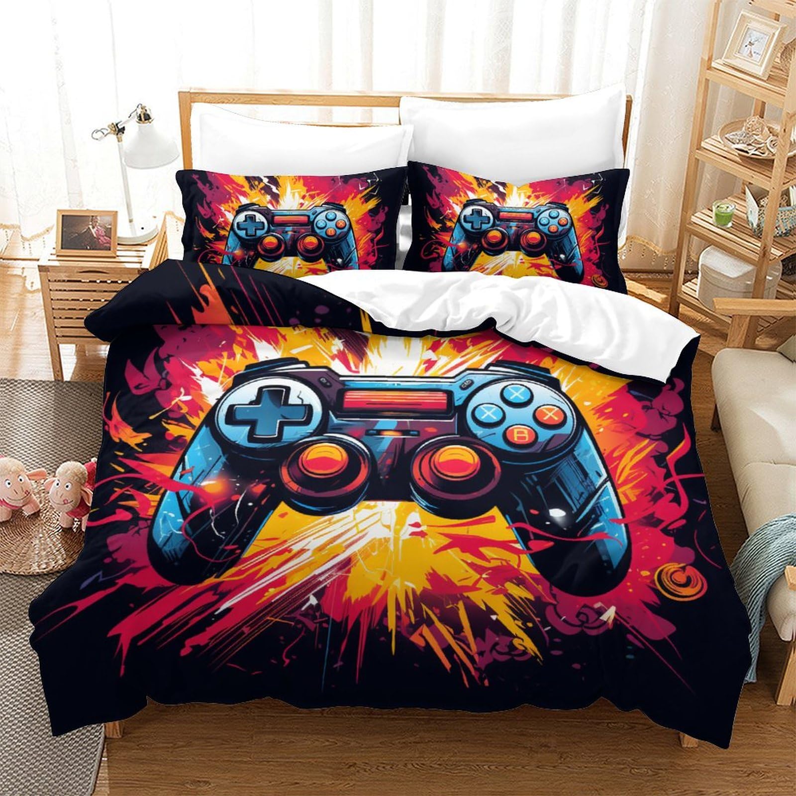 Parure de lit 200x200 cm en microfibre avec 2 taies d'oreiller et motif jeu 3D