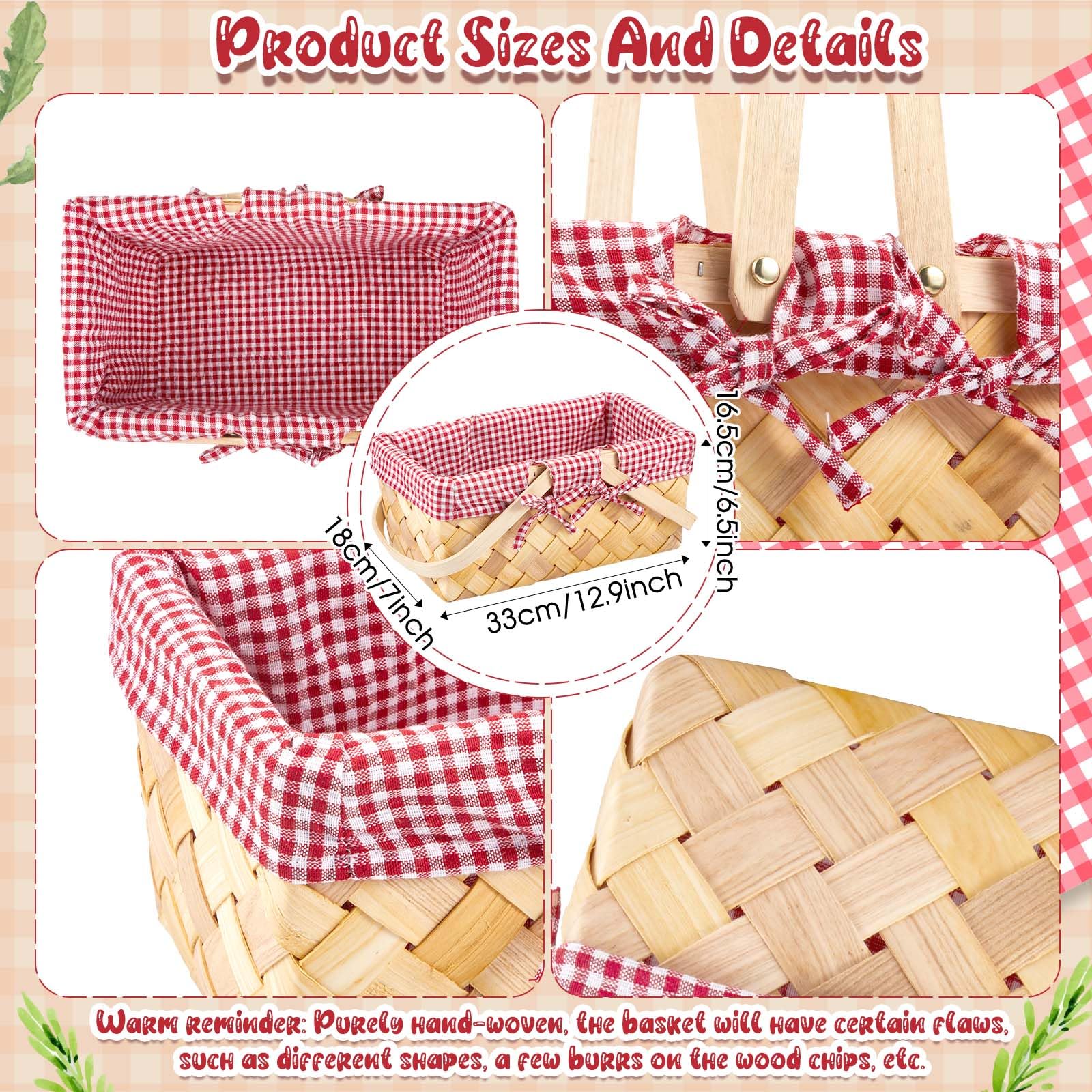 Sintuff Picknickkörbe mit Griff, handgewebter Erntekorb mit rotem und weißem Gingham-Decken-Innenfutter, Ostern, Holz, leere Körbe für Geschenke, Blumen, Eier, Süßigkeiten, Aufbewahrung, Organisation