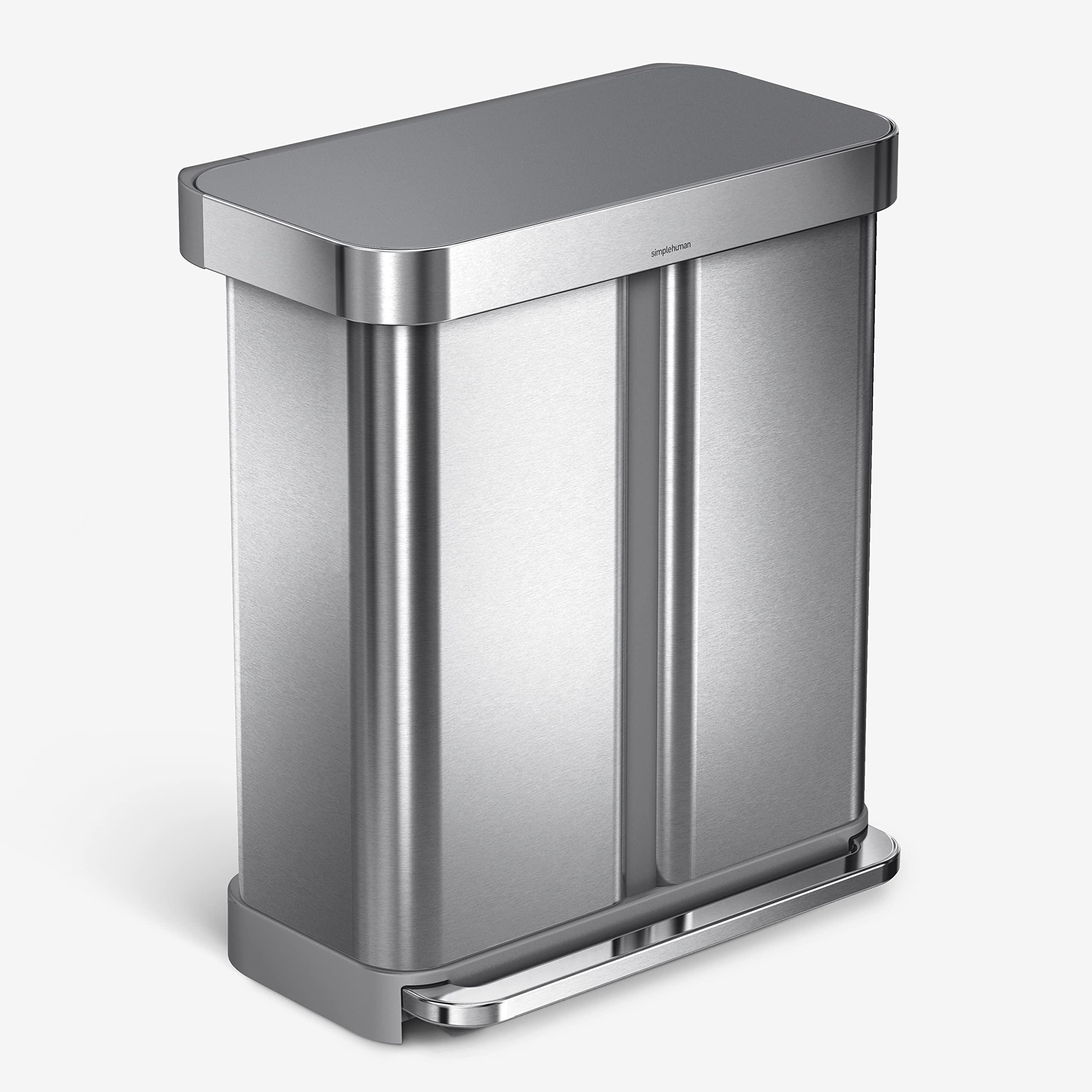 Photo 1 of simplehuman 58 Liter / 15.3 Gallon Rectangular Dual Compartment Recycling Step, Brushed Stainless Steel with Soft-Close Plastic Lid Kitchen Trash Can 58 Liter Rectangular Recycler