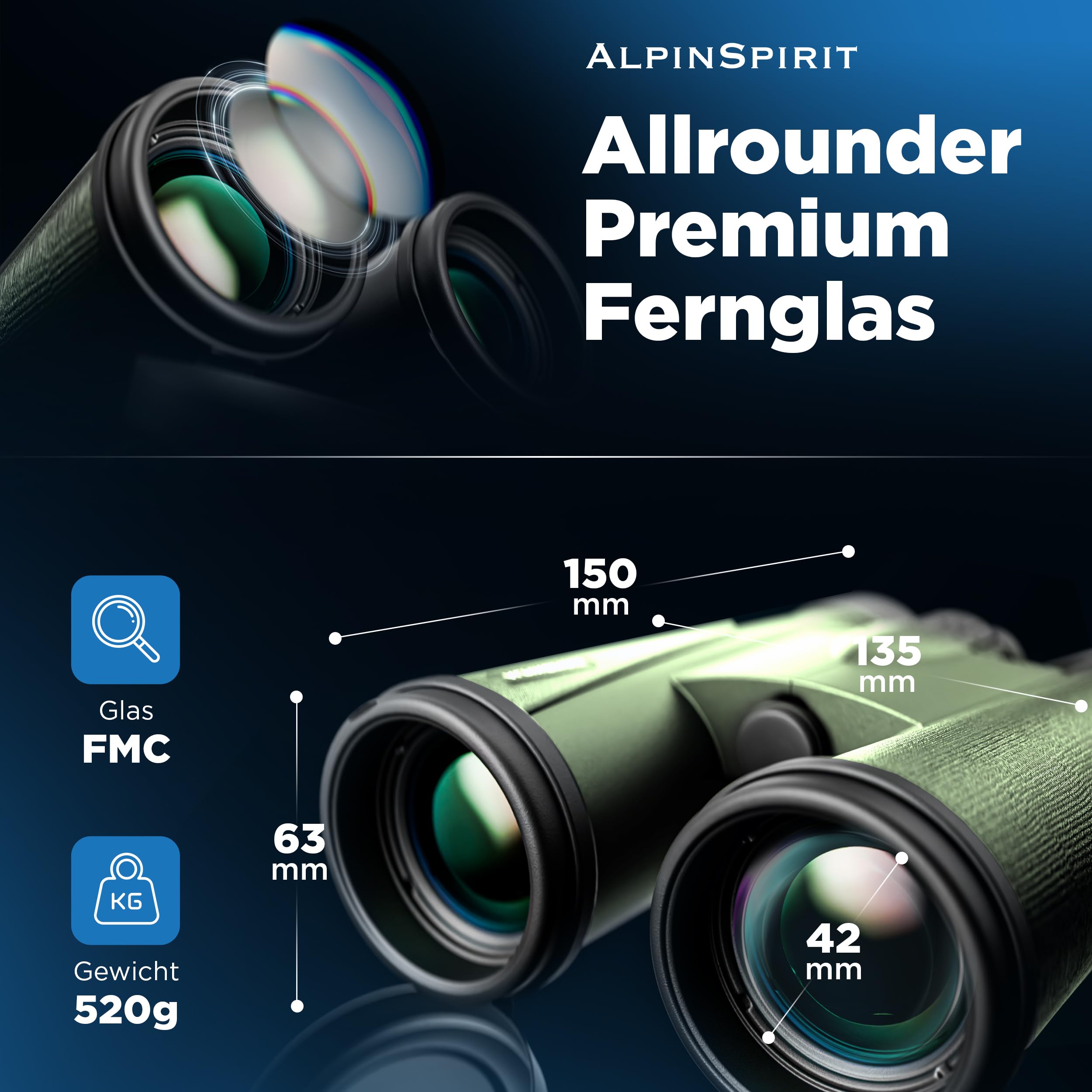 Fernglas 8x42 inkl. Hardcase & Zubehör (Testsieger) – geeignet für Brillenträger - kompaktes & leichtes Fernglas - wasserabweisend,FMC Linse+BAK4, Binocular für Kinder & Erwachsene(grün)