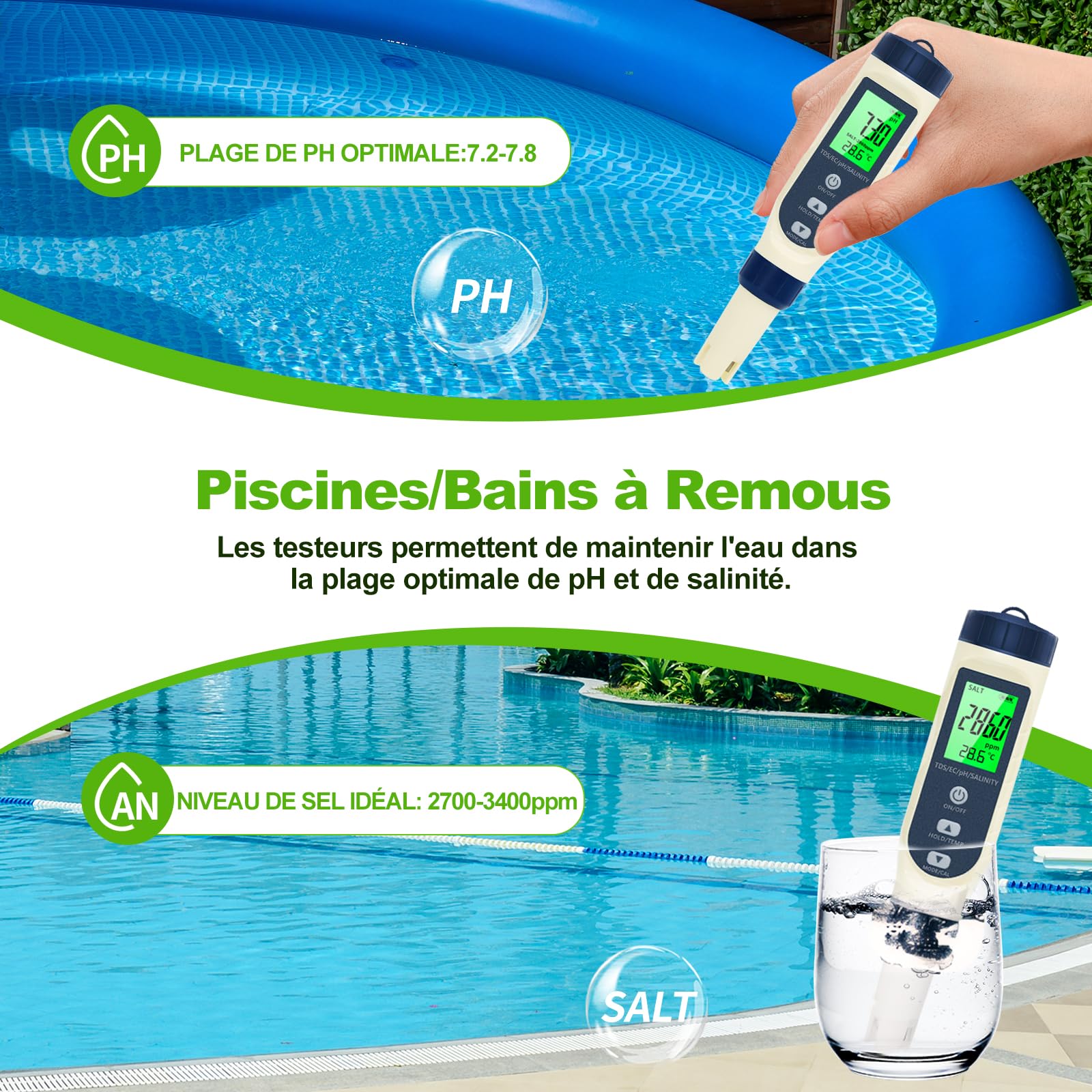 Pious Ph Metre 5 en 1 PH/TDS/EC/Salinité/Thermomètre Testeur ph Écran LCD Compensation Automatique de la Température