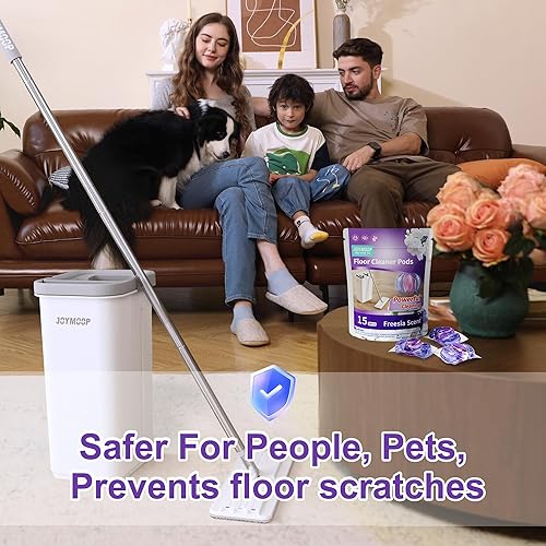 Miniatura 4 de JOYMOOP Trapeador y cubo con escurridor y cápsulas limpiadoras de pisos, trapeador de piso plano con 3 almohadillas de microfibra reutilizables, uso