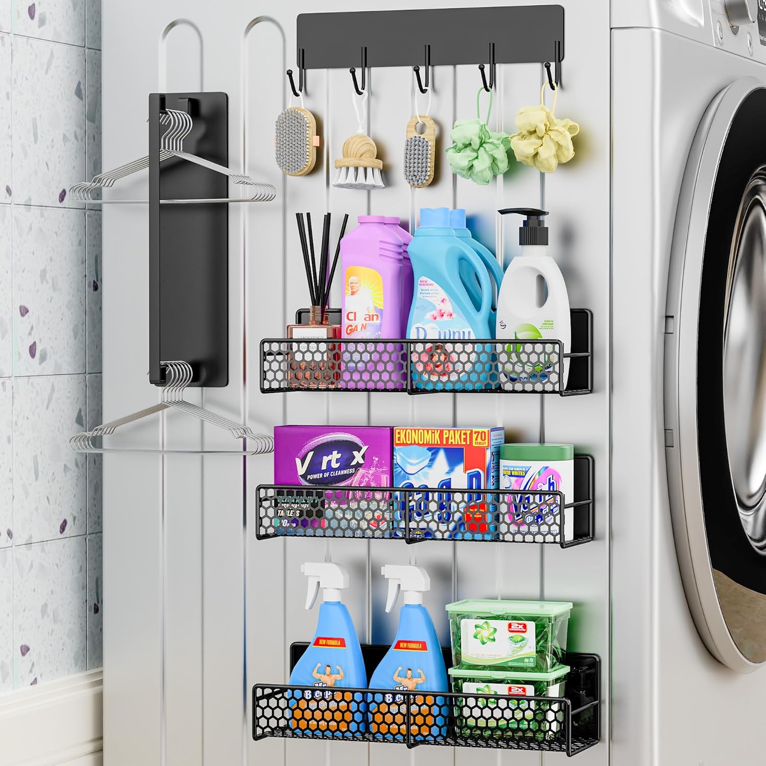 Magnetic Shelves for Washing Machine 5 Pack/Hanger Organizer, Magnetic Spice Racks with Unique Hollow Design, Space Saving Shelf for Home Kitchen Closet & Laundry Room Organization (Black) 5 Pack Black