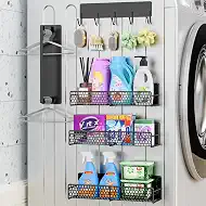 5 Pack Multifunctional Magnetic Shelves for Washing Machine & Refrigerator - Heavy Duty Laundry Room Organization System with Tool Hooks, Metal Storage Baskets (Black)