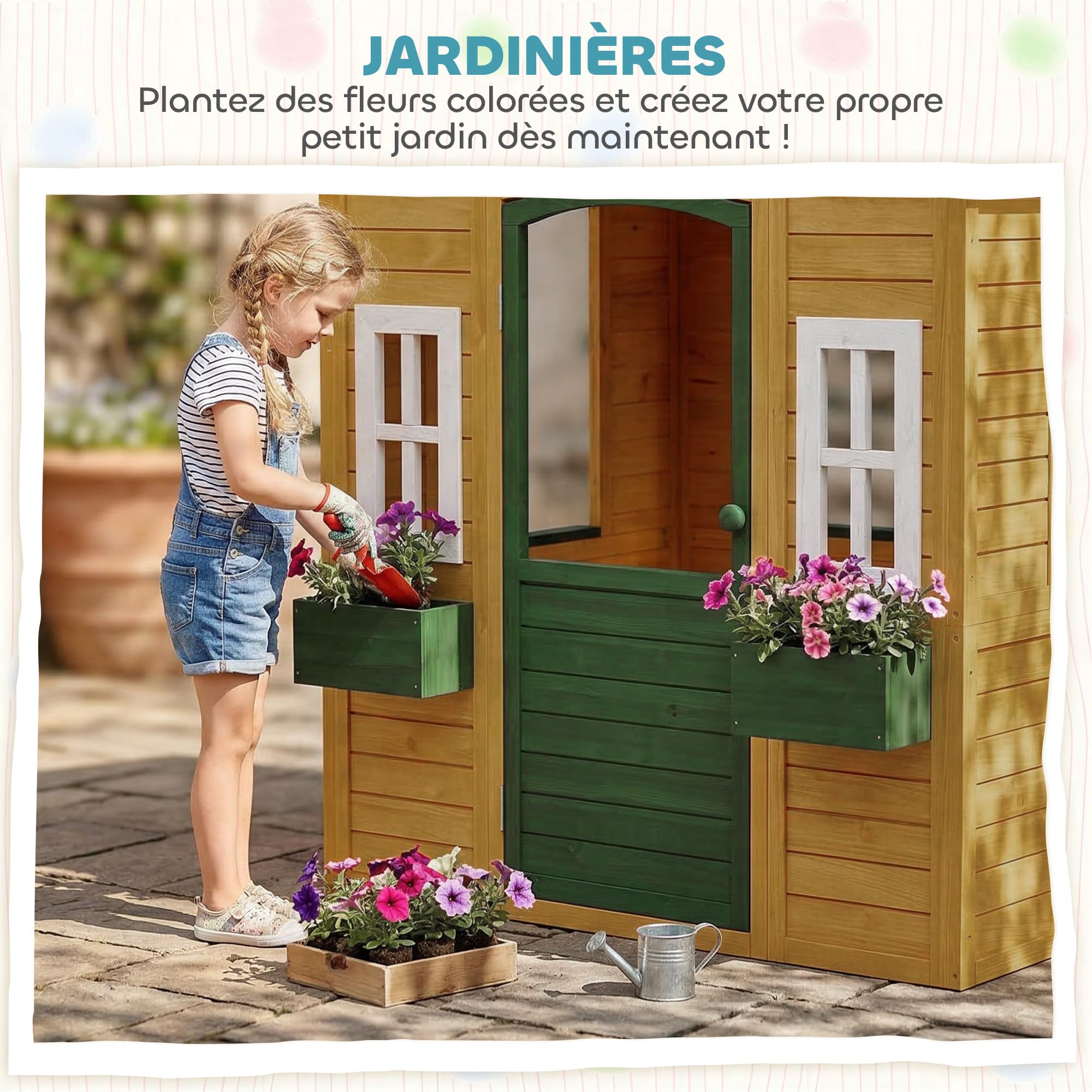AIYAPLAY Cabaña infantil exterior de madera, casa infantil exterior con puerta, ventanas, 2 bandejas de flores, casita de juego para 3-8 años, juego imaginativo, 134,5 x 97 x 150 cm, marrón