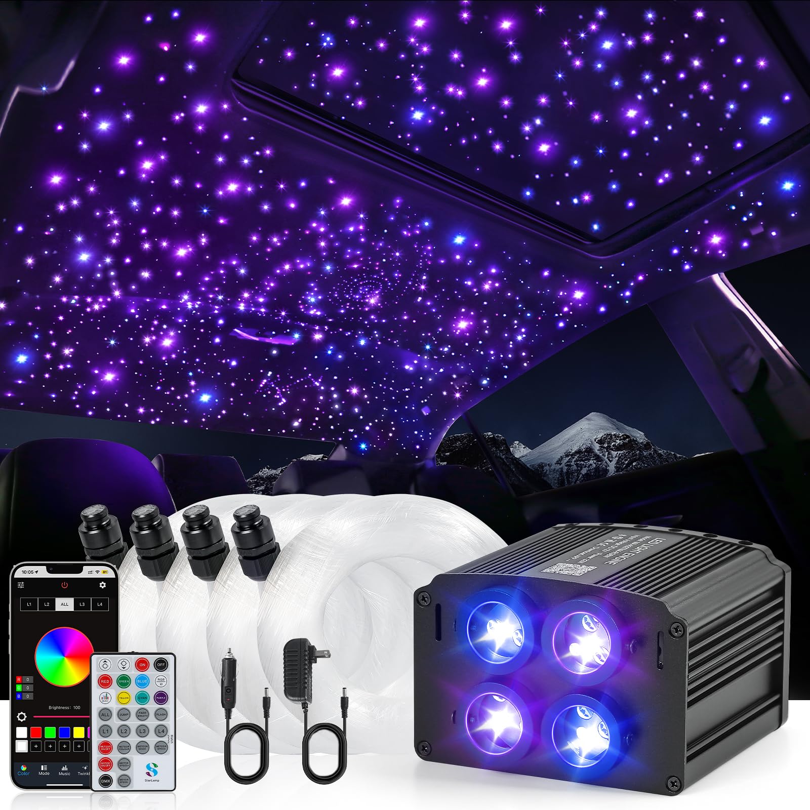 4 Colors 32W Twinkle Starlight Headliner Kit for Car Home with APP&RF Remote,RGBW 500pcs*0.03in*13.1ft Cables Fiber Optic Star Sky Roof Lights,4 Port Engine Sound Activated Car Ceiling Star Lights