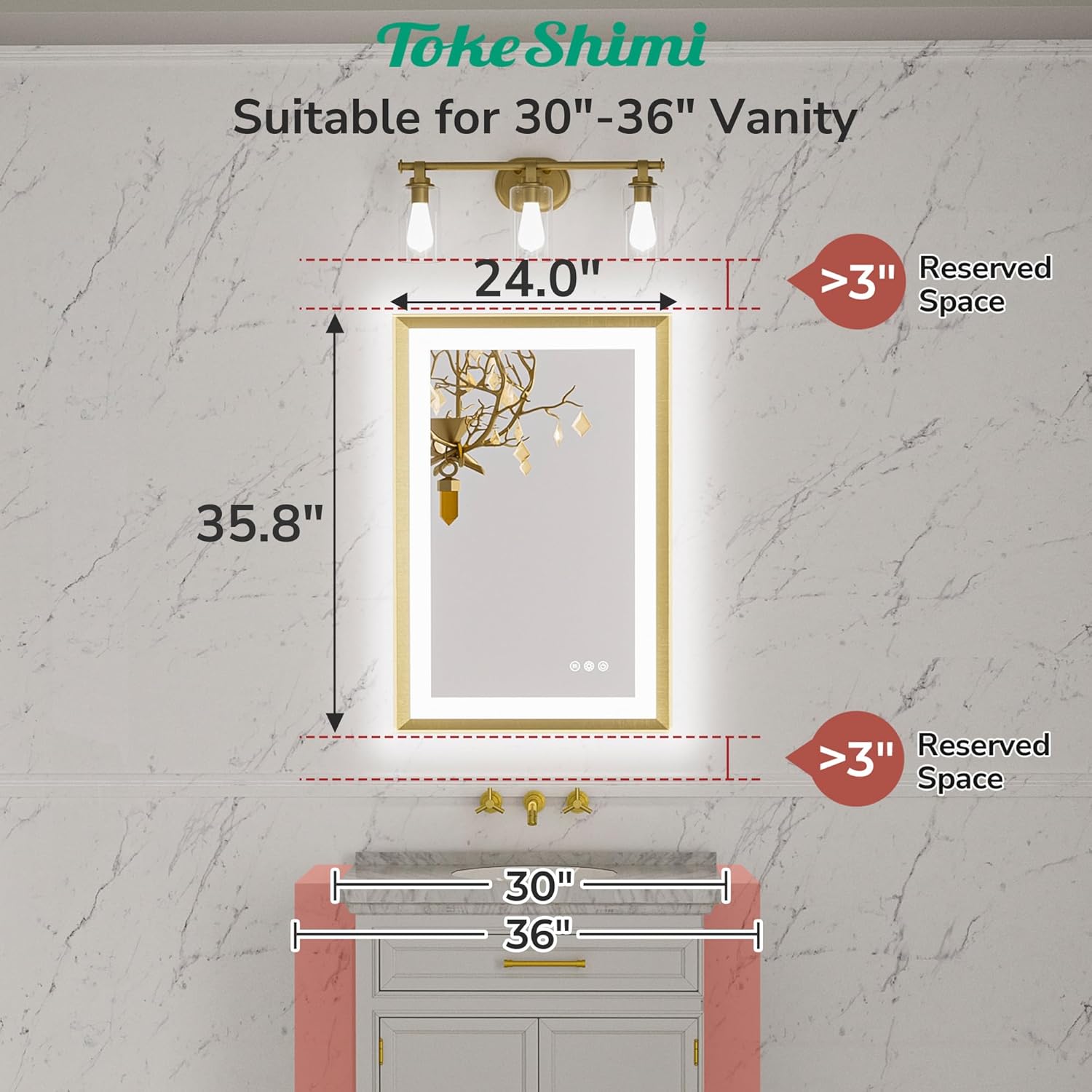 tokeshimi gold 24x36 inch led bathroom vanity mirror frame backlit and front lighted aluminum alloy rectangle beveled edge tricolors stepless dimmable anti-fog memory function for wall decor