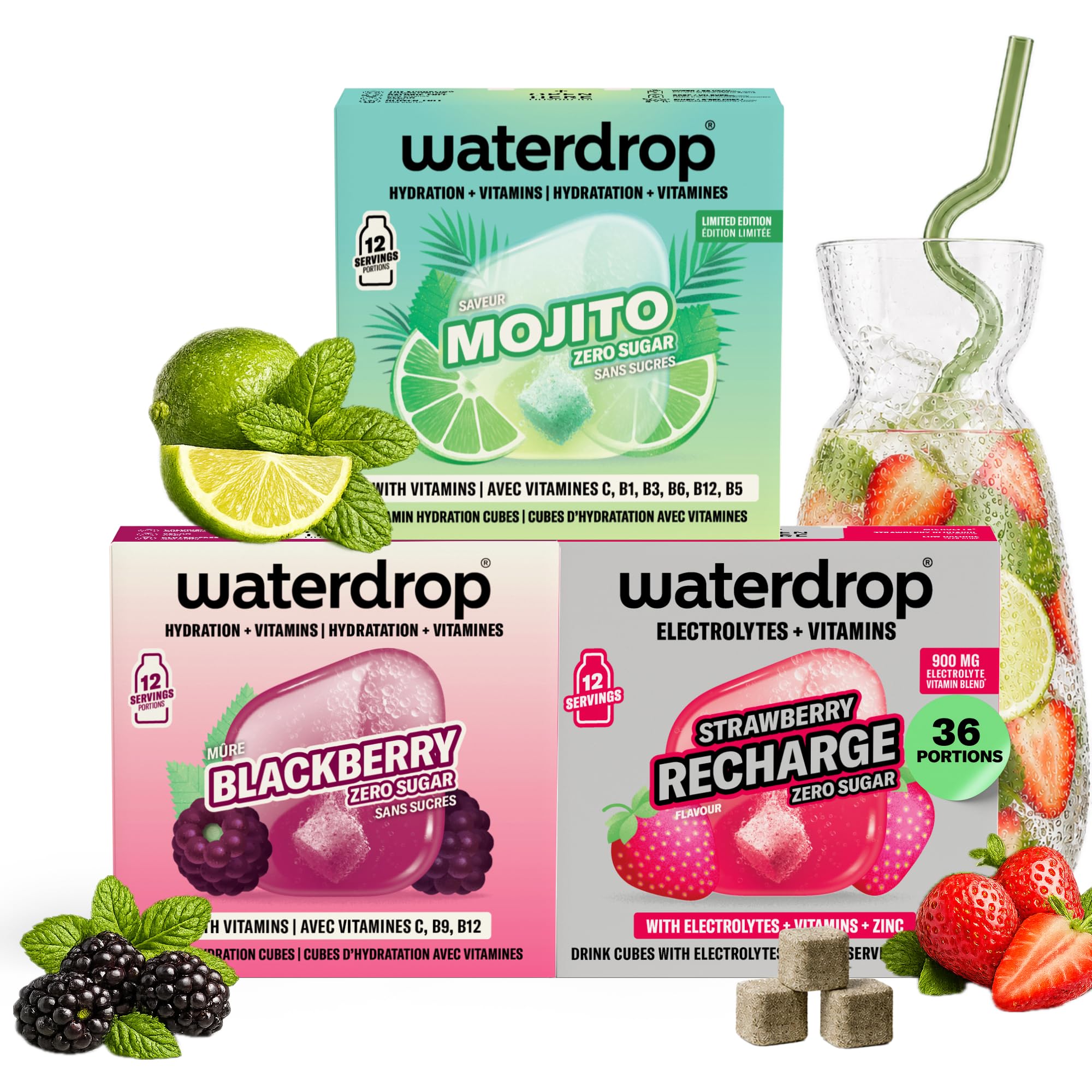 waterdrop® Coffret Mojito Dégustation - 36 Pastilles Hydratation, Cubes de Boisson aux 3 Saveurs: Mojito, Fraise & Mûre, Eau Aromatisée Sans Sucre avec Vitamines C & B, Vegan