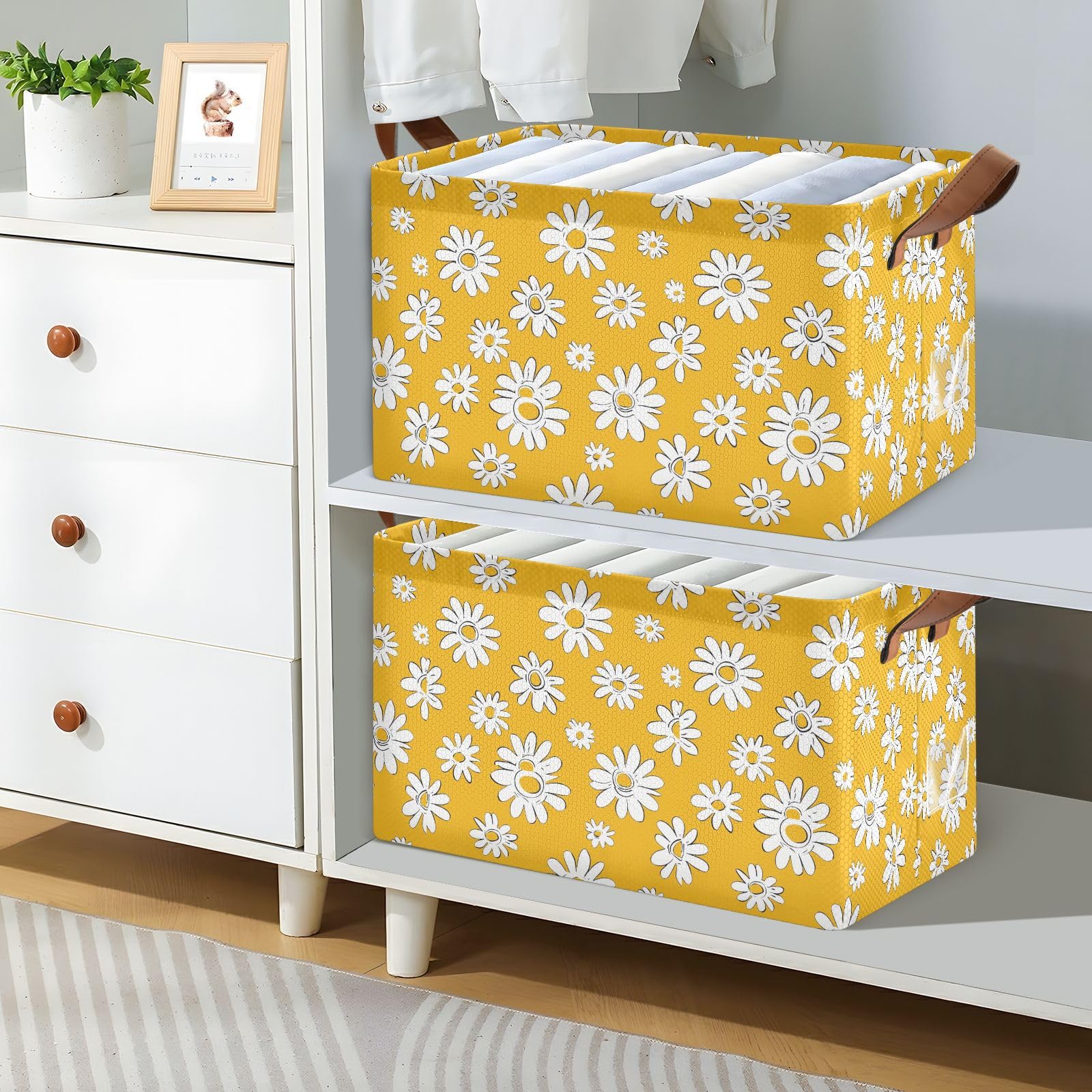 KLL Żółta stokrotka kosze półkowe z uchwytami, składane pojemniki do przechowywania tkanin, do organizacji, półek, ubrań, domu, biura, 2-pak cajas de almacenamiento para closet