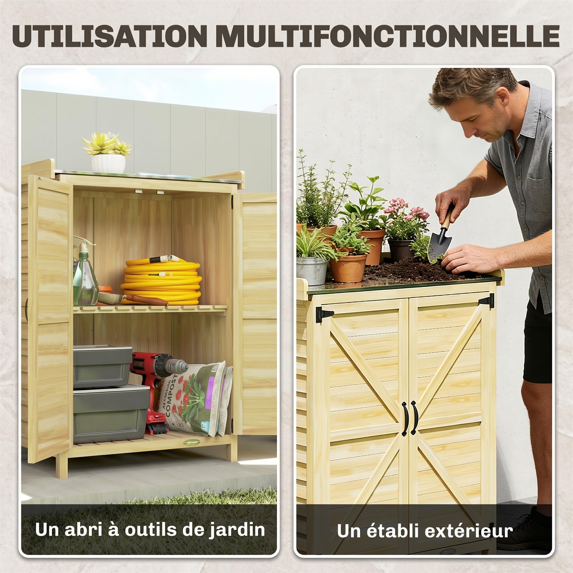 Outsunny Armoire de Jardin en Bois avec Étagère 71,5x39x95 cm Bois Naturel